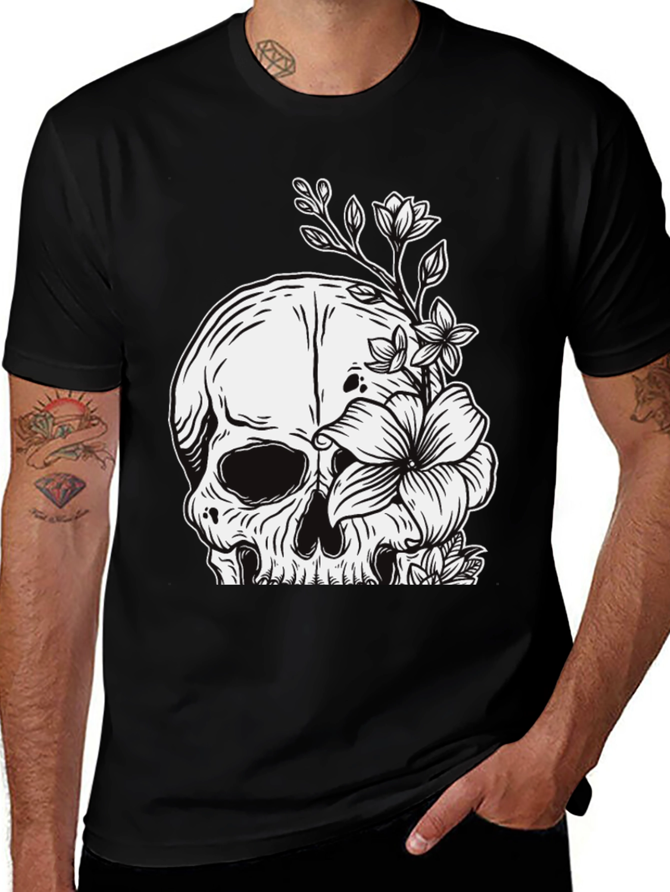Black Skull & Flowers Graphic Tee - Black main image