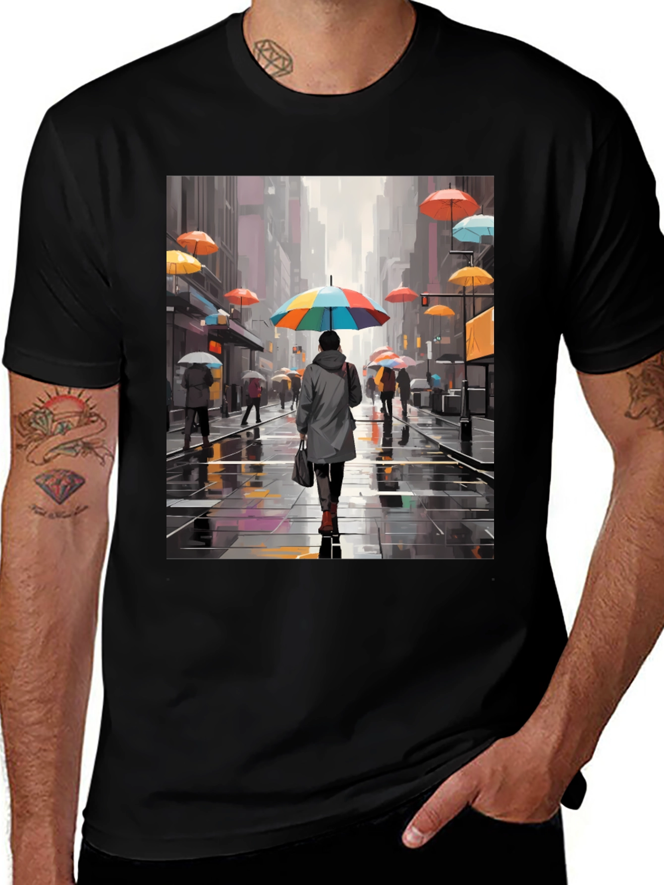 Variant 10 of Urban Rain T-Shirt - Artistic Cityscape Design