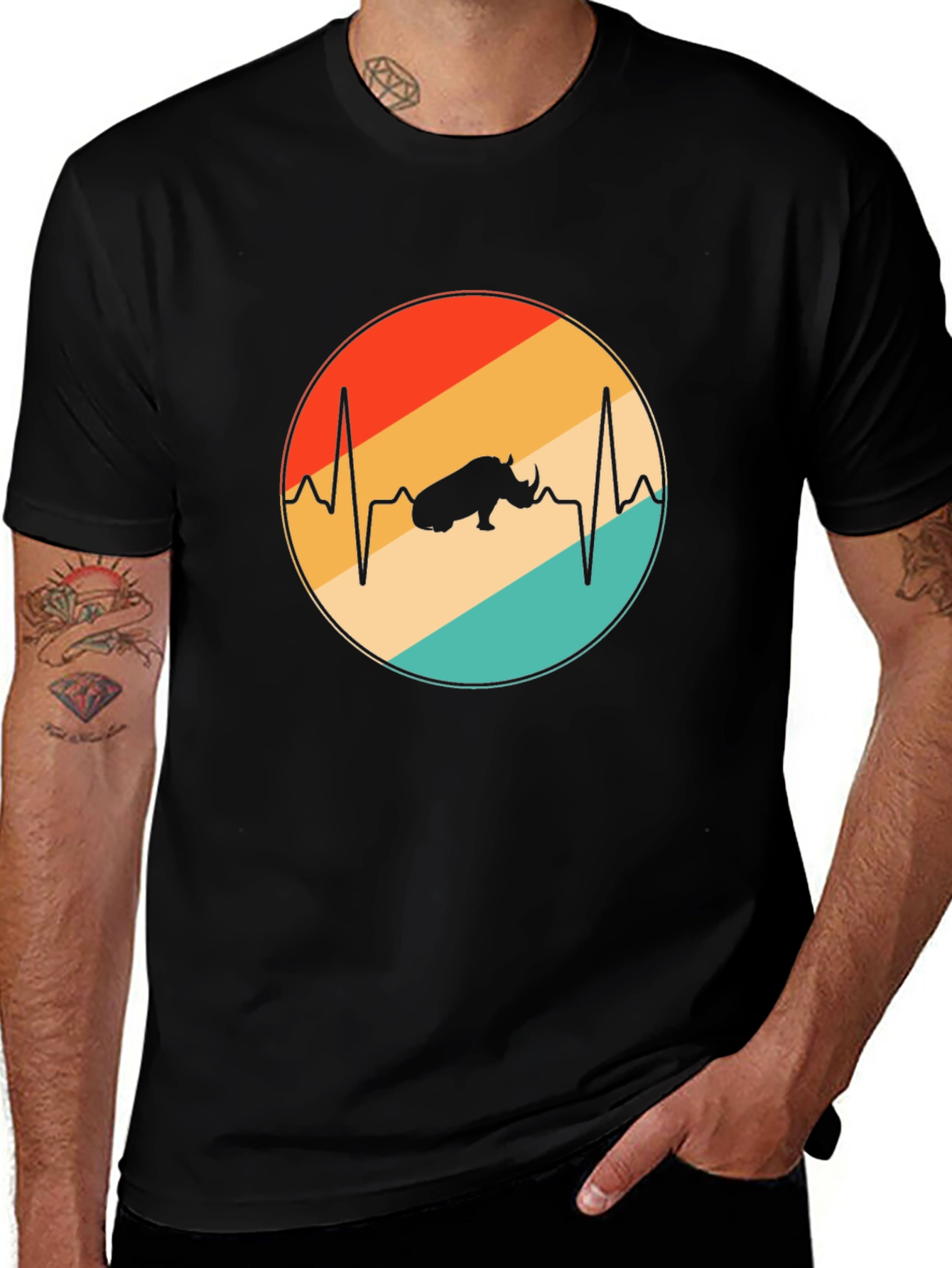 Variant 3 of Retro Rhino Heartbeat T-Shirt - Black