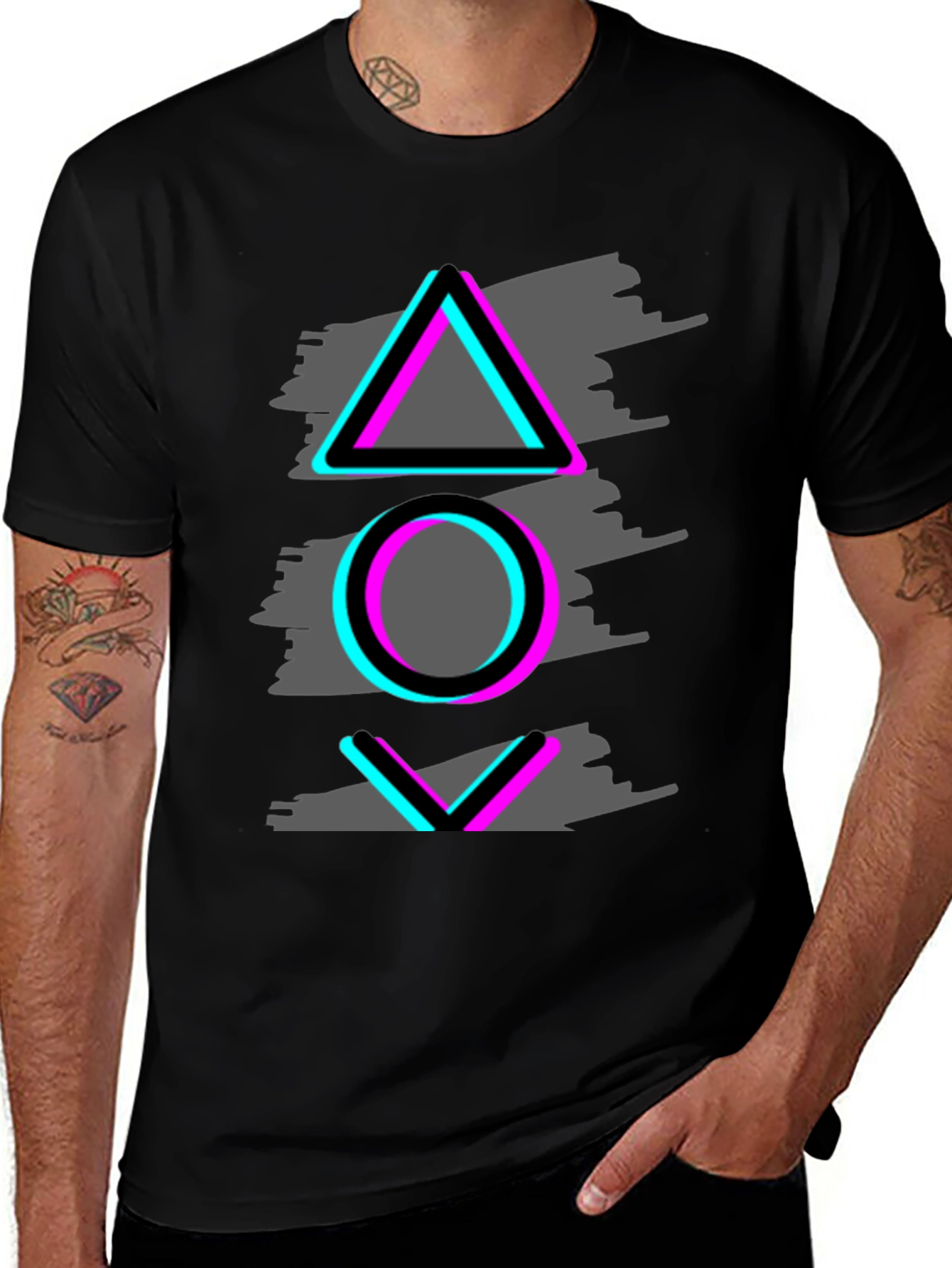 Retro Gaming T-Shirt: Triangle, Circle, Down Arrow Design