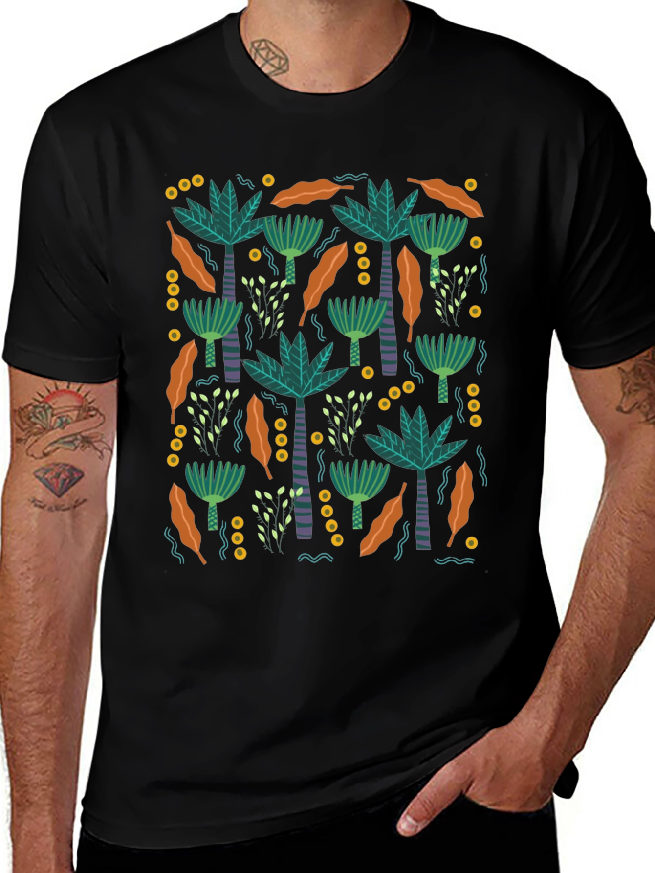 Variant 25 of Tropical Palm Tree Pattern Black T-Shirt