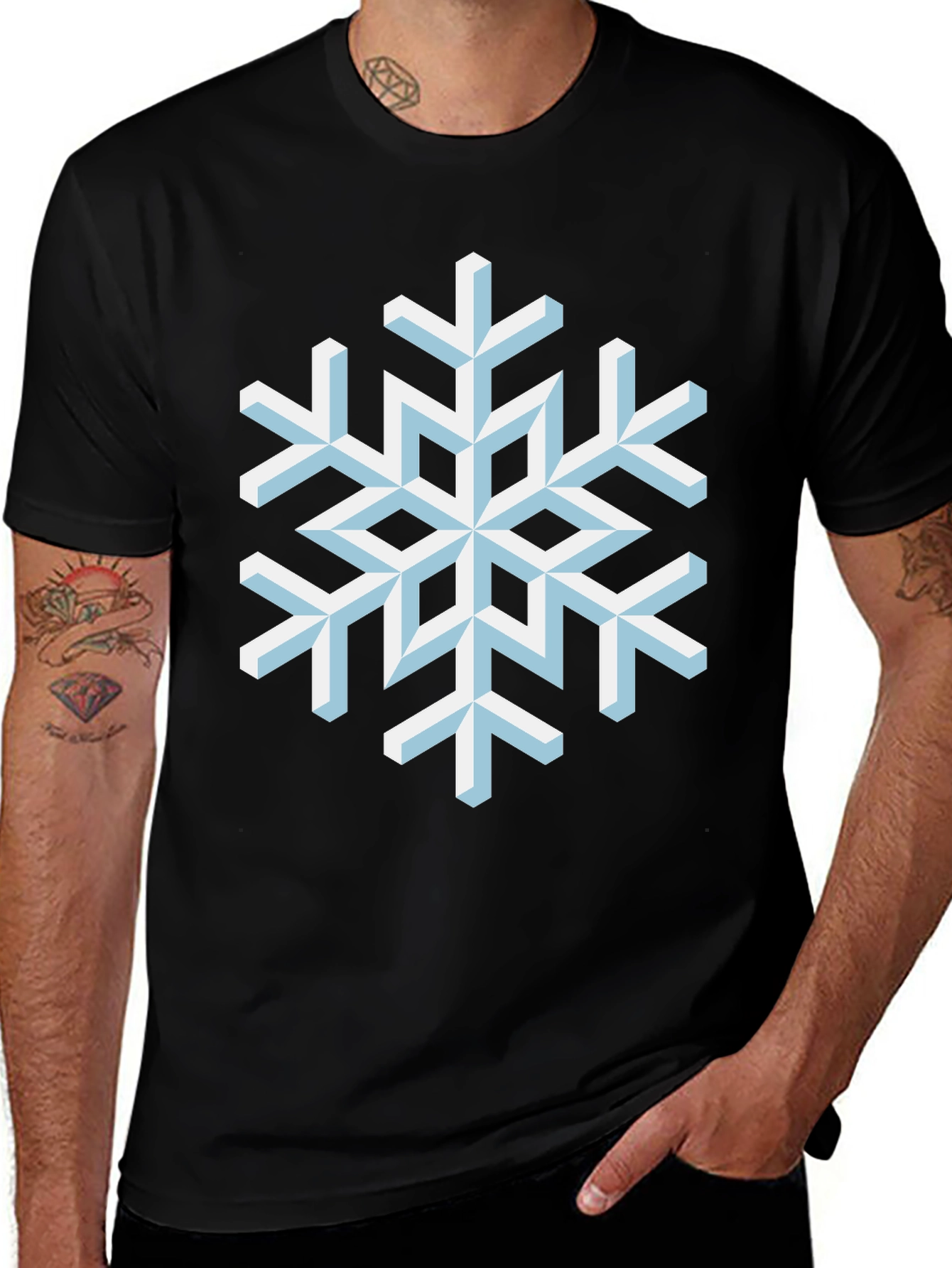 Variant 10 of Geometric Snowflake Graphic Tee - Black Cotton Shirt