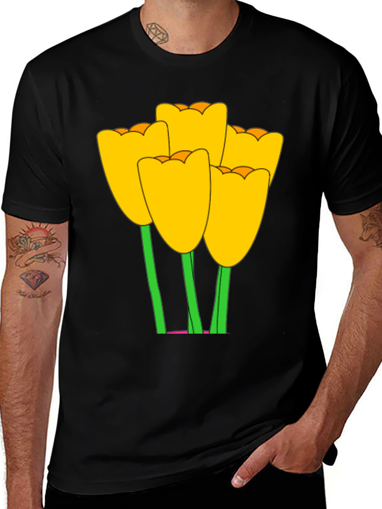 Variant 27 of Floral Graphic Tee - Yellow Tulips on Black Cotton