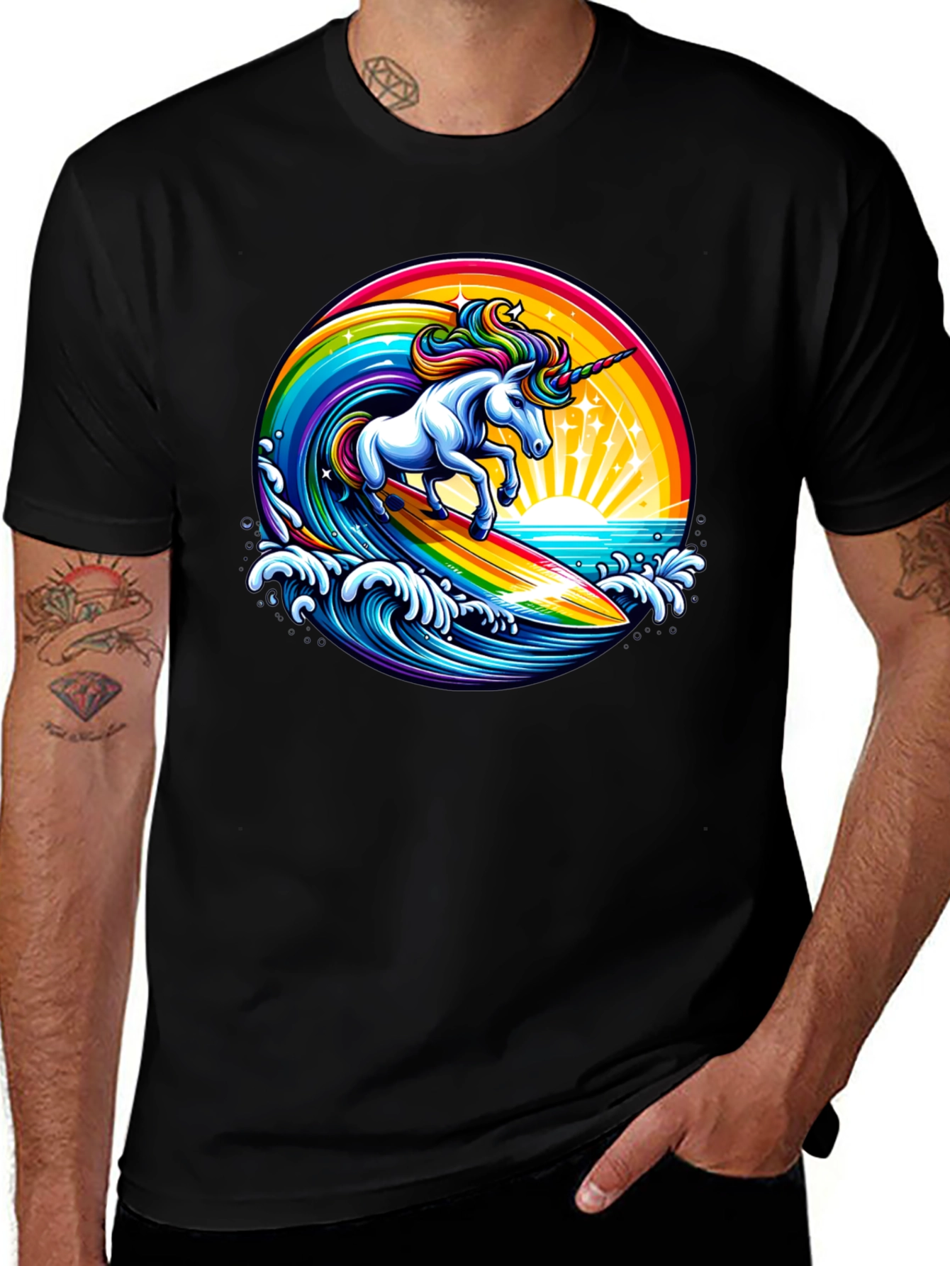 Surfing Unicorn Rainbow Graphic T-Shirt