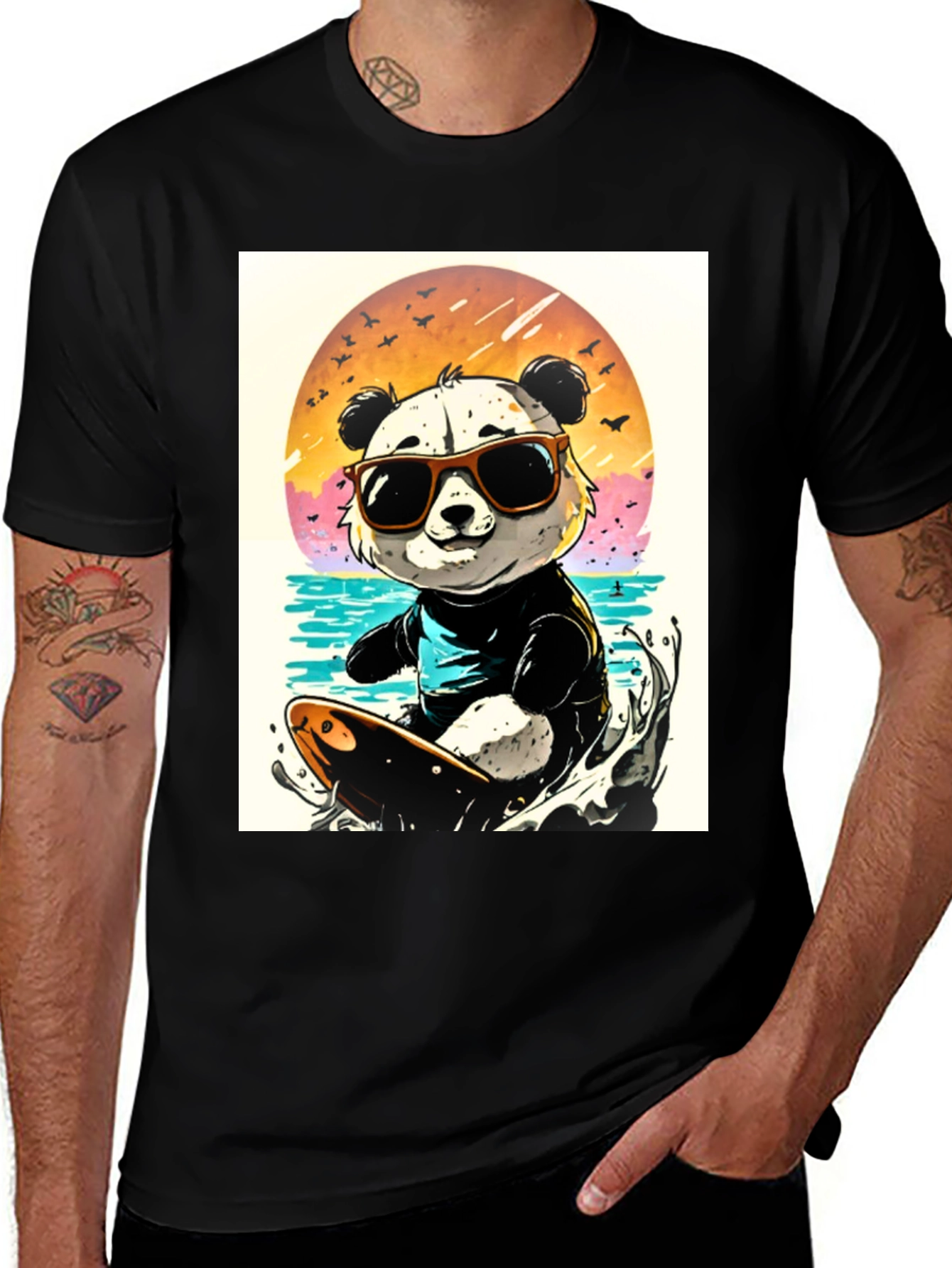 Variant 11 of Cool Panda Surfing Graphic Tee - Black Cotton T-Shirt