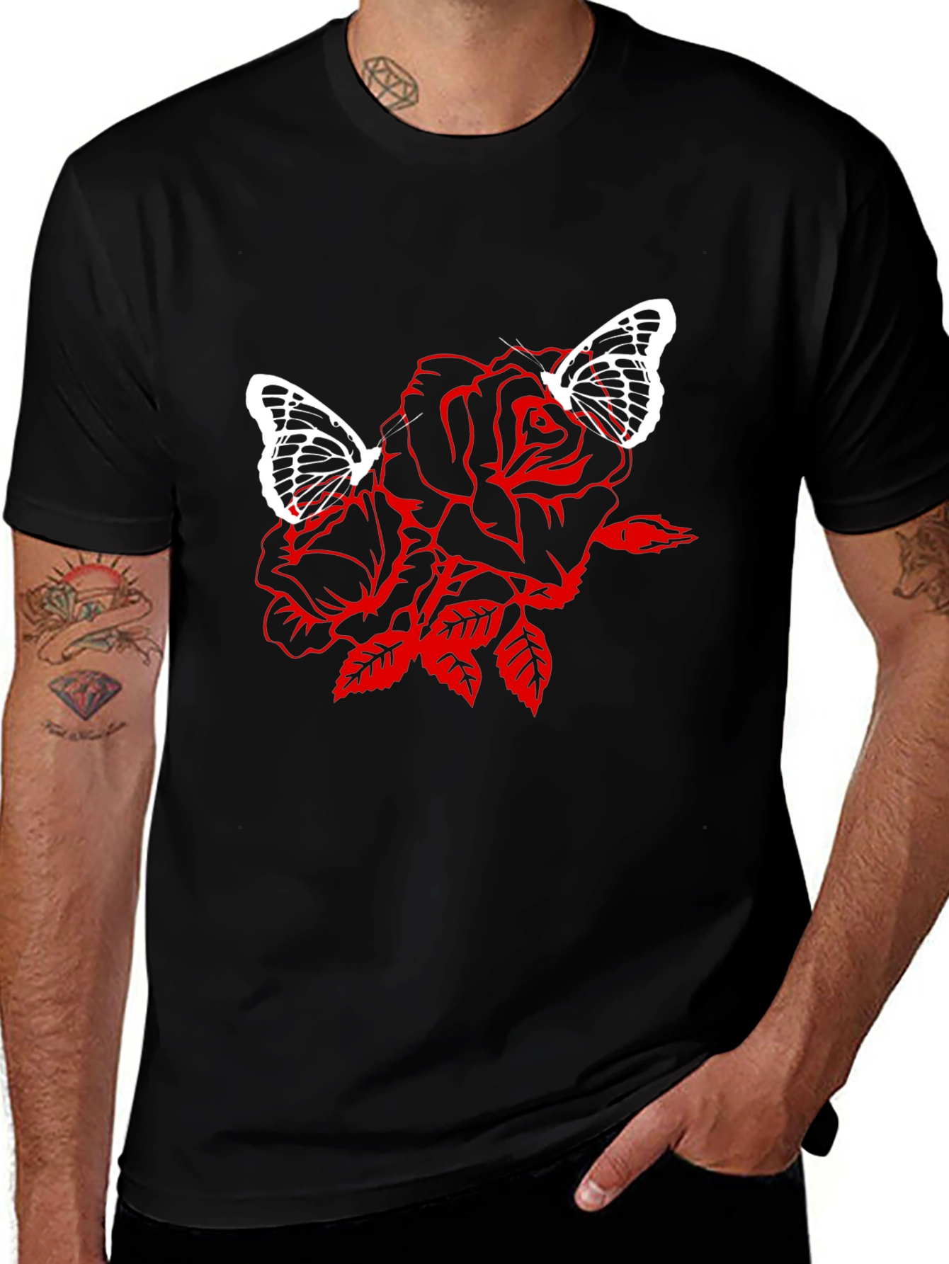 Variant 30 of Rose & Butterfly Graphic Black T-Shirt