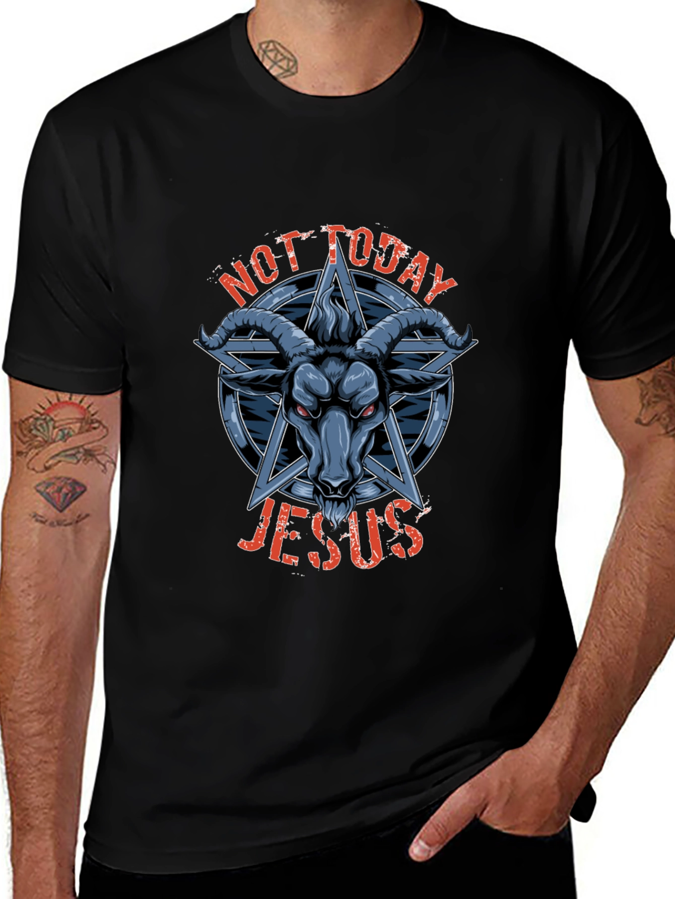 Variant 28 of Not Today Jesus T-Shirt Baphomet Pentagram Satanic Goat Graphic Tee