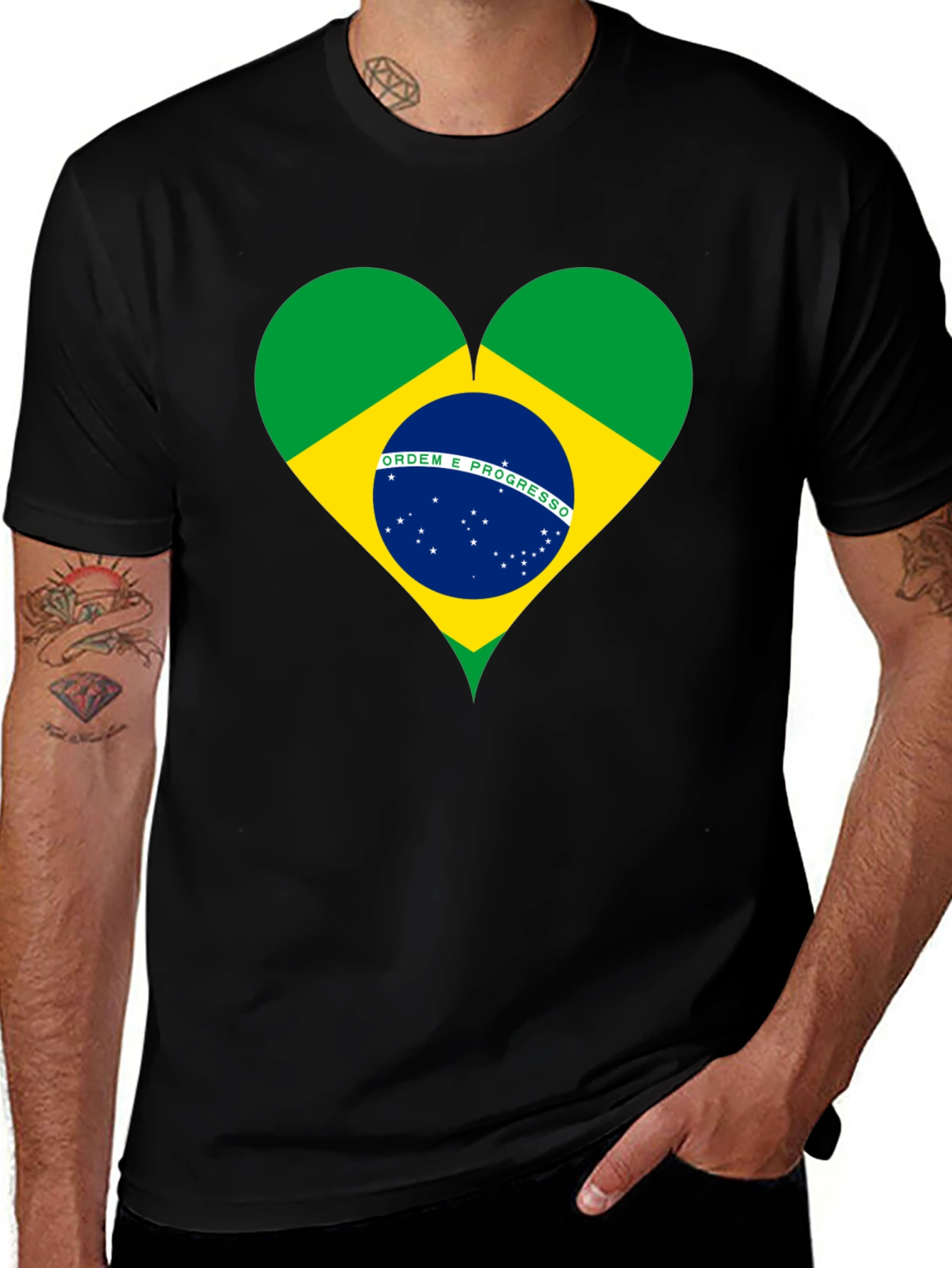 Brazil Flag Heart Graphic Tee - Black Cotton T-Shirt