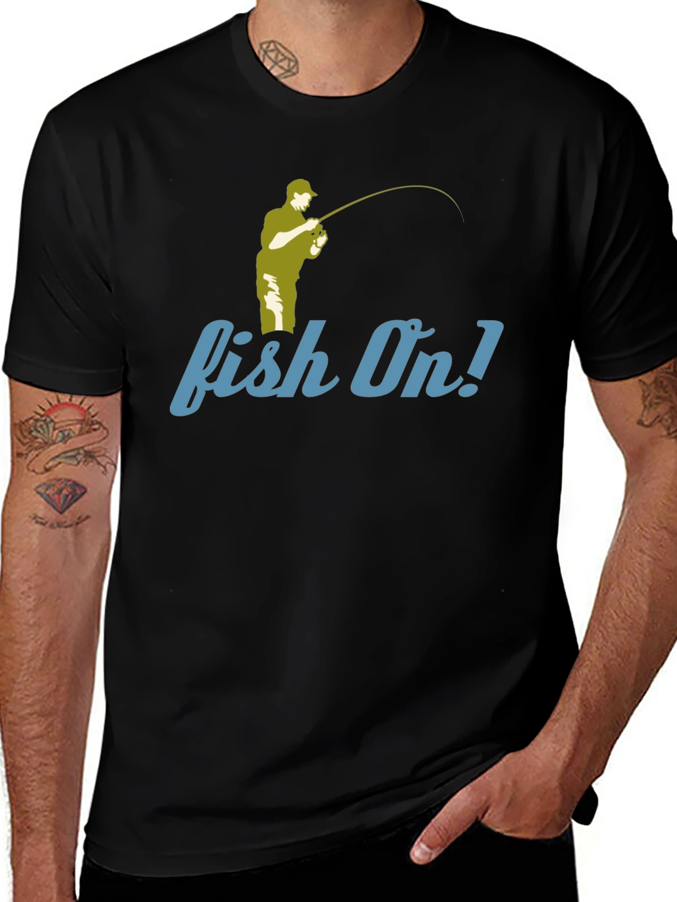 Variant 21 of Fishing T-Shirt - Fish On! Design - Black Tee