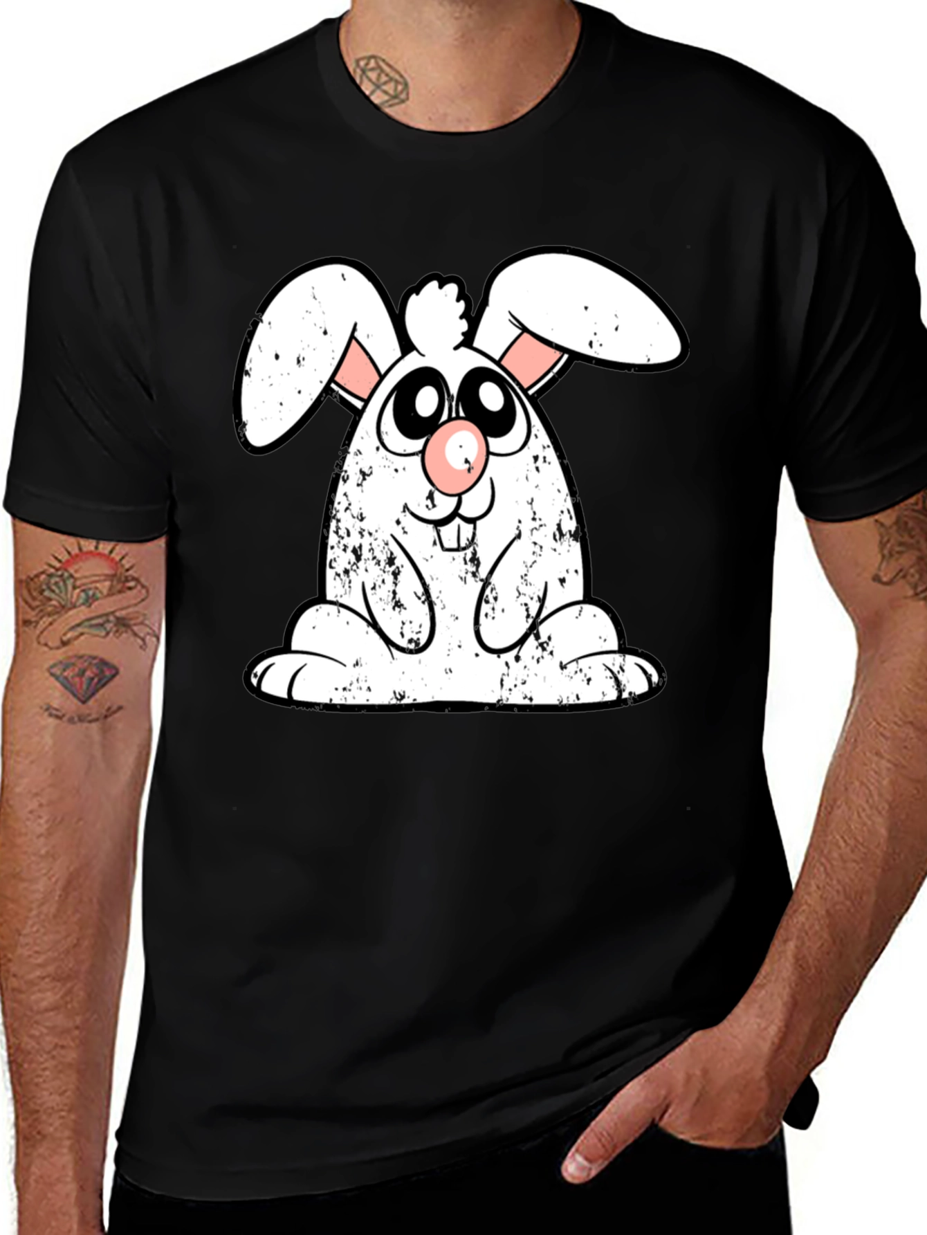 Black Cute Cartoon Bunny Graphic Print Black T-Shirt main image