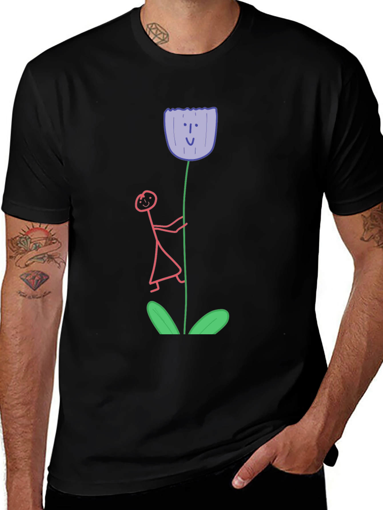 Variant 9 of Whimsical Flower Graphic Tee - Black Cotton T-Shirt