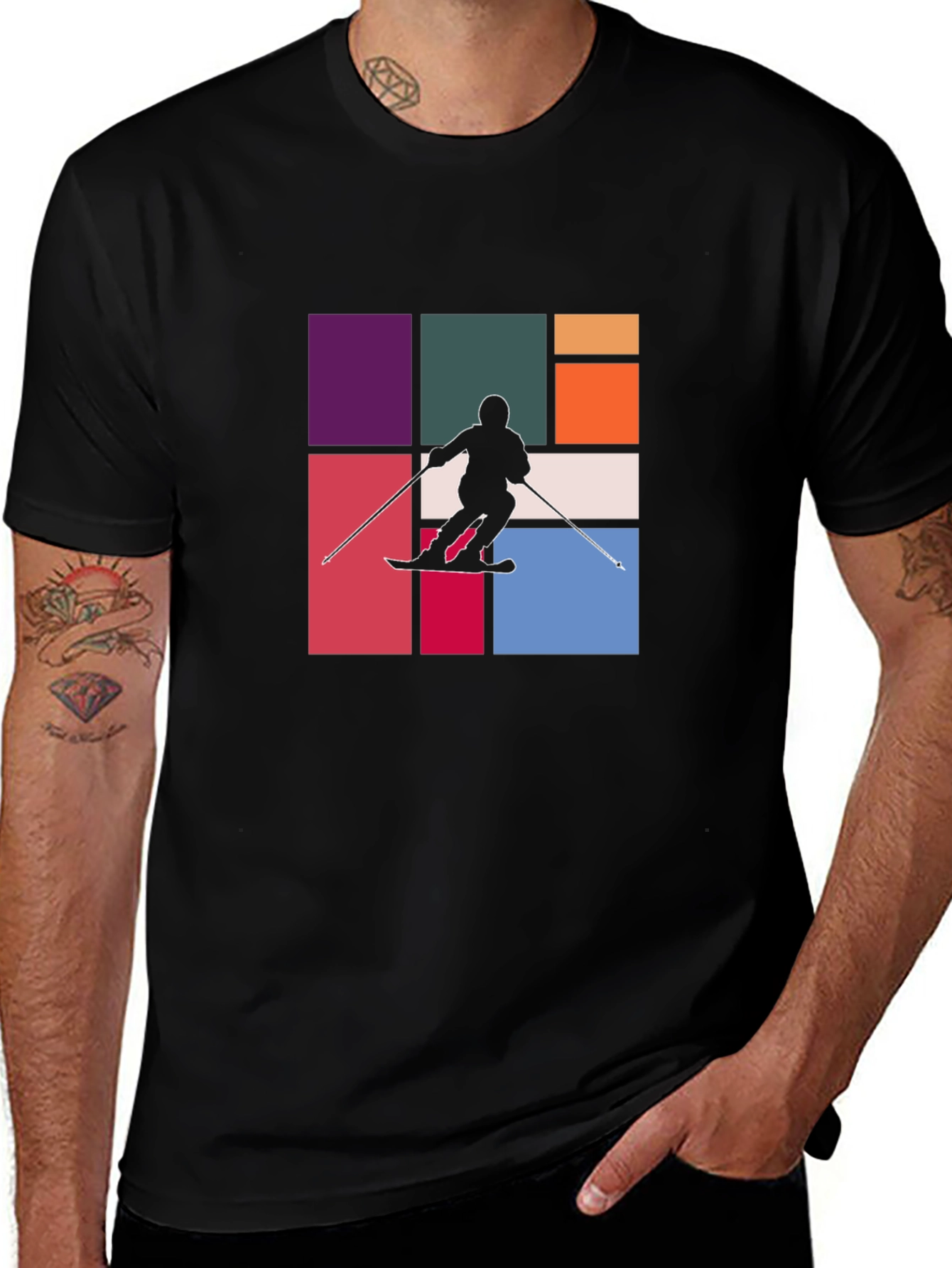 Variant 7 of Retro Skiing T-Shirt - Mondrian Style