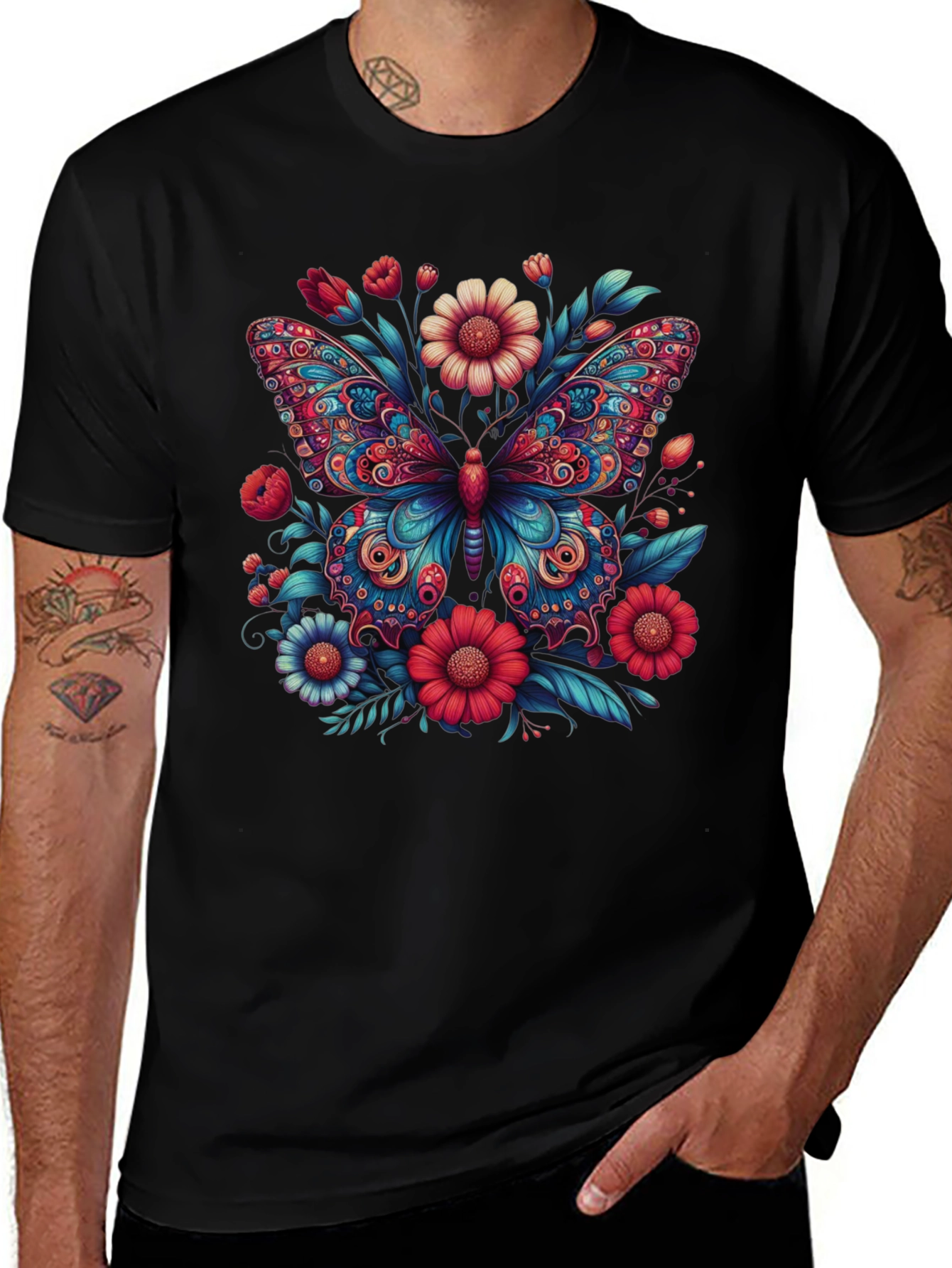 Variant 24 of Floral Butterfly Graphic Tee - Men's Black T-Shirt