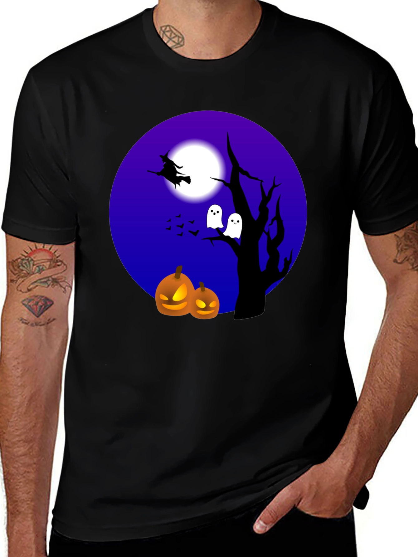 Halloween T-Shirt Witch Ghosts Pumpkins Black