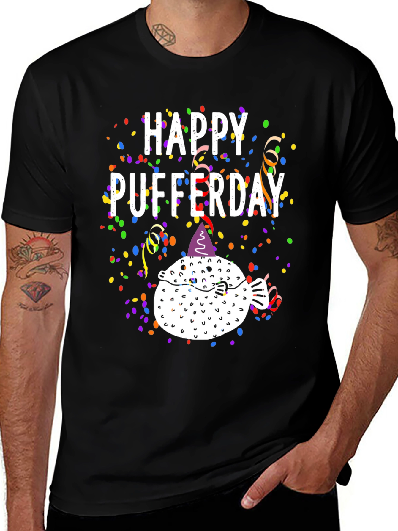 Black Happy Pufferday T-Shirt - Funny Pufferfish Birthday Tee main image