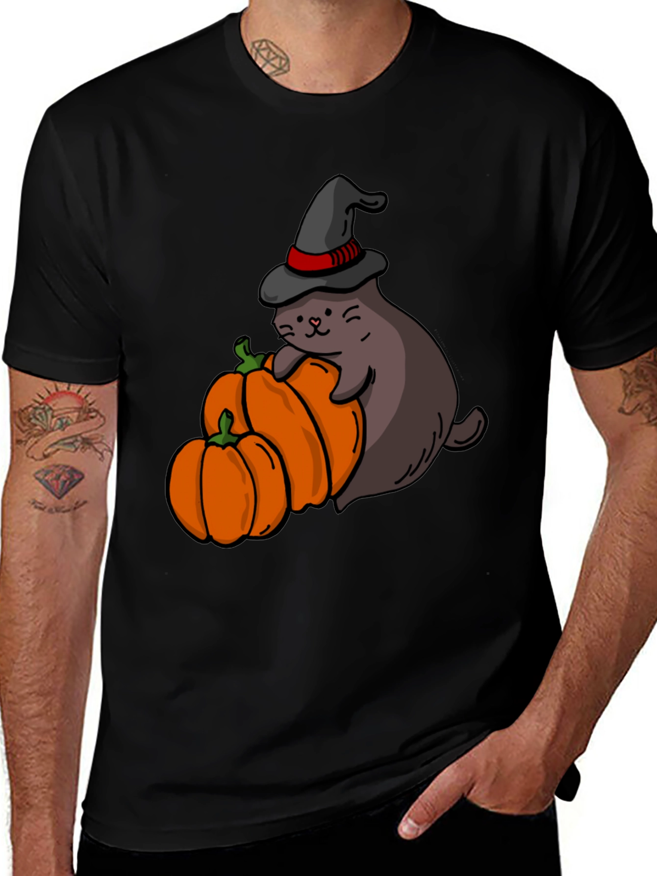 Halloween Seal Witch & Pumpkins Black T-Shirt