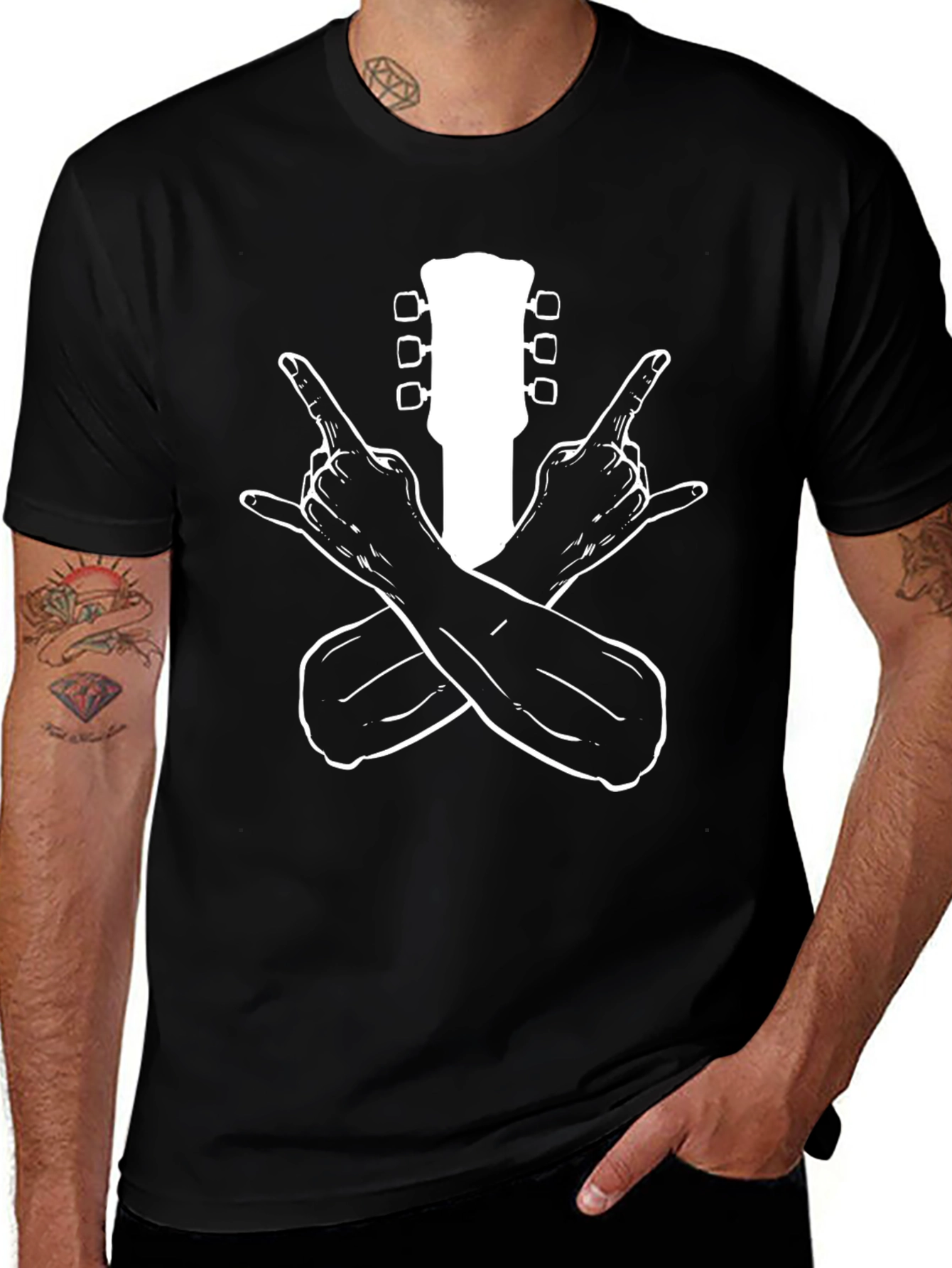 Variant 13 of Rock On Guitar T-Shirt - Black Cotton Tee
