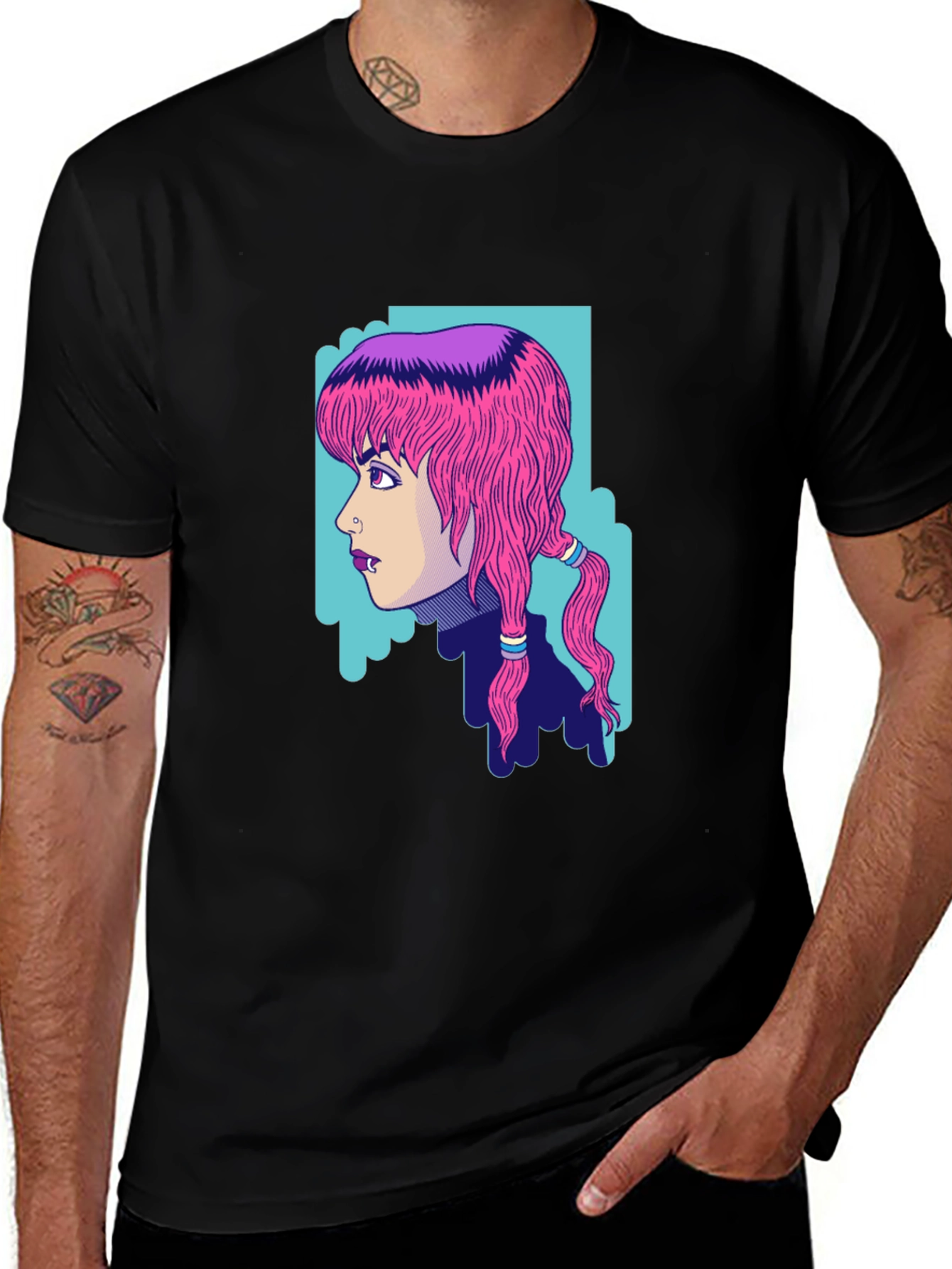Graphic Print T-Shirt - Edgy Pink Hair Girl