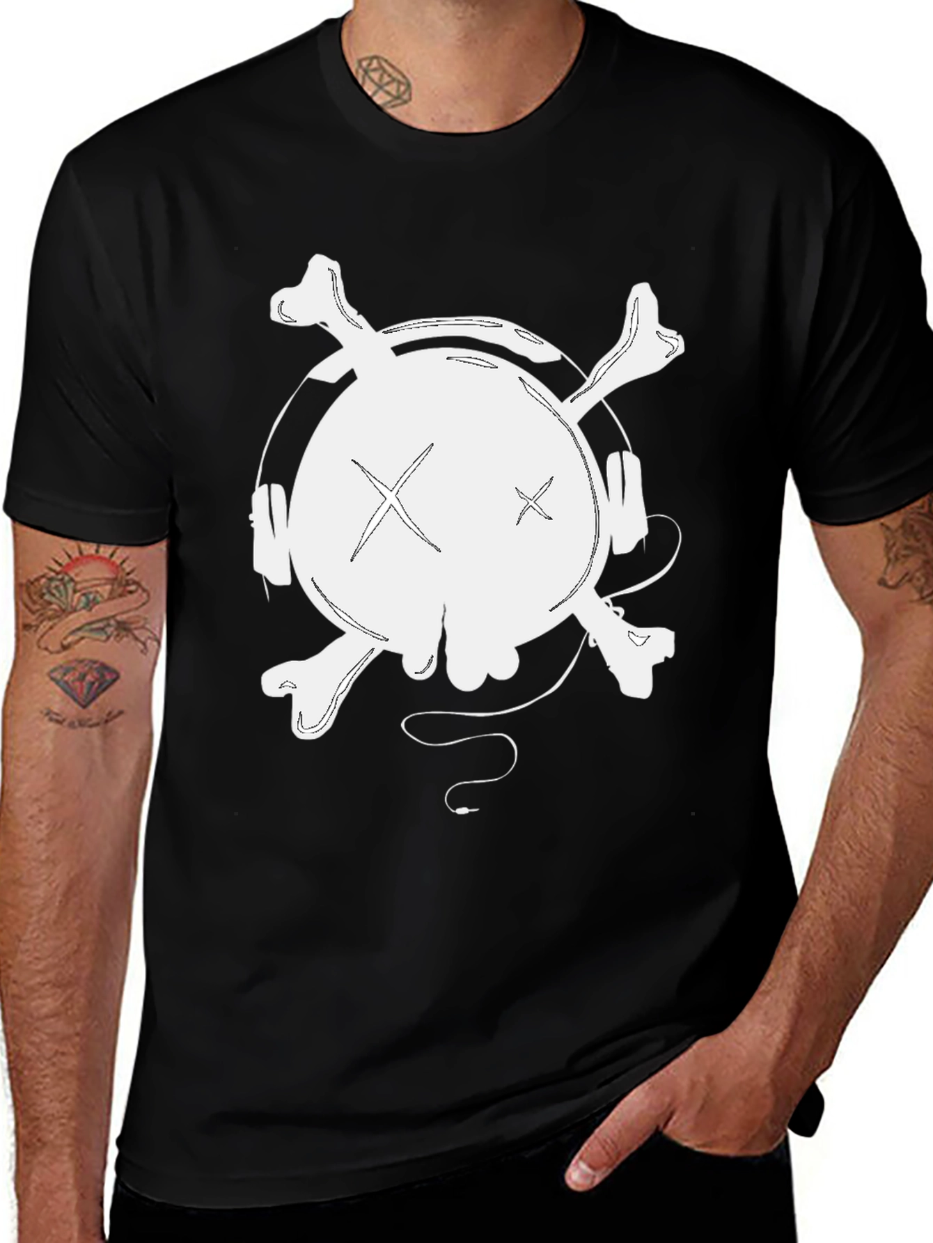 Variant 13 of Skull & Crossbones Headphones Graphic Tee - Black