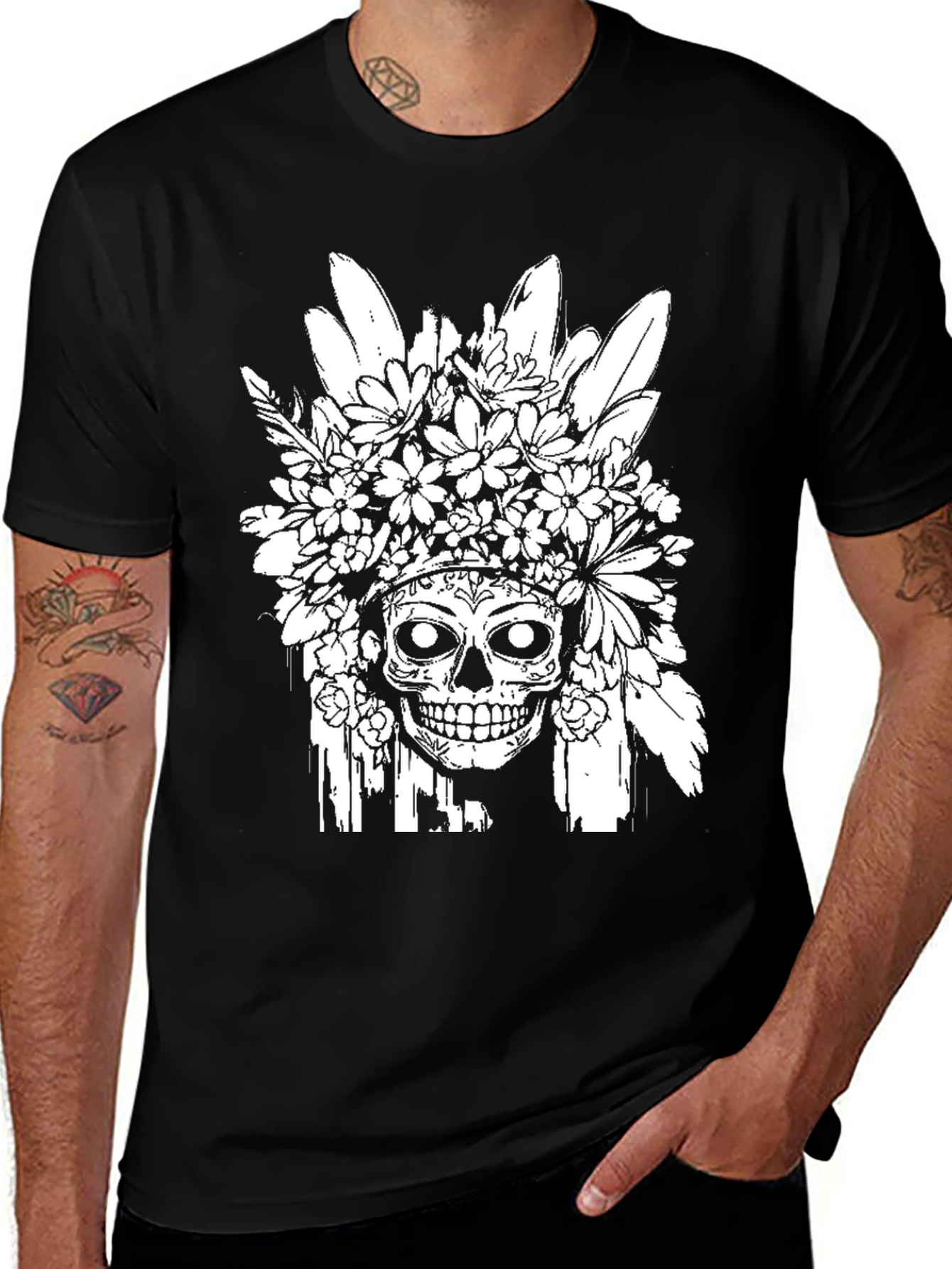 Variant 13 of Floral Skull Graphic T-Shirt - Black