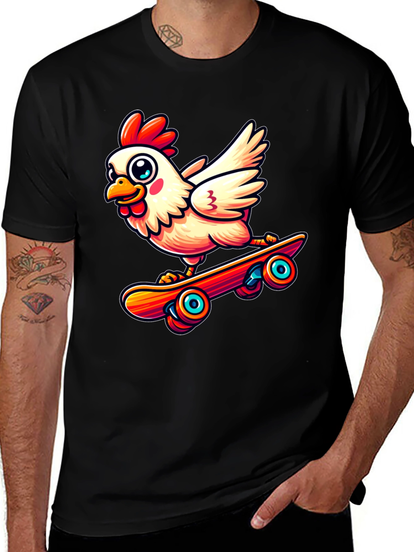 Variant 9 of Skateboarding Chicken Graphic Tee - Black Cotton Shirt