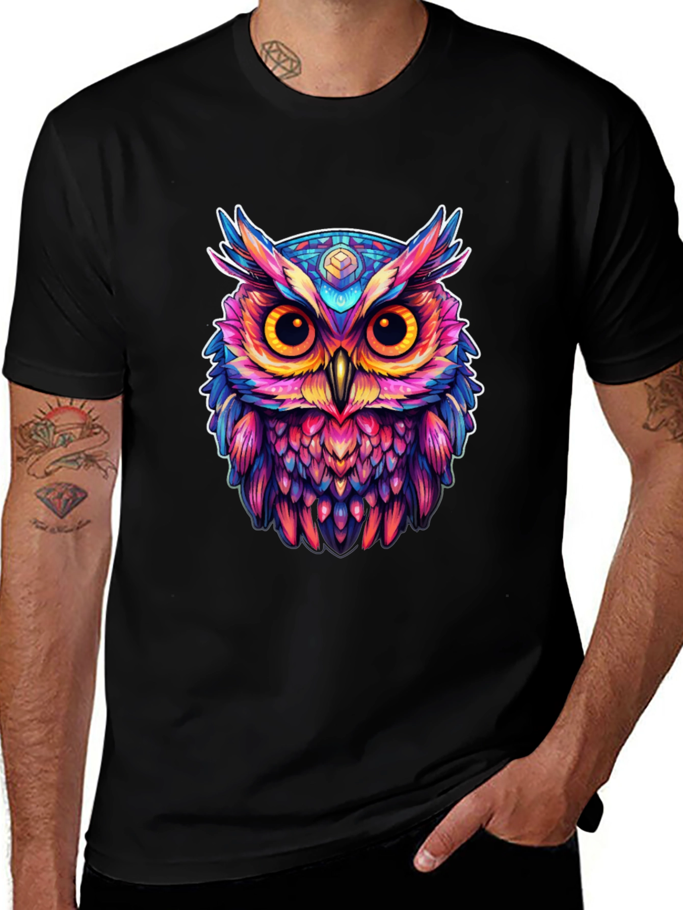 Variant 22 of Colorful Owl Graphic T-Shirt - Men's Black Tee