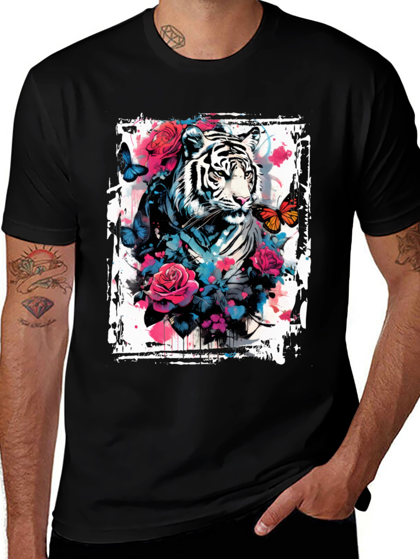 Variant 9 of Tiger & Roses Graphic T-Shirt - Men's Black Tee