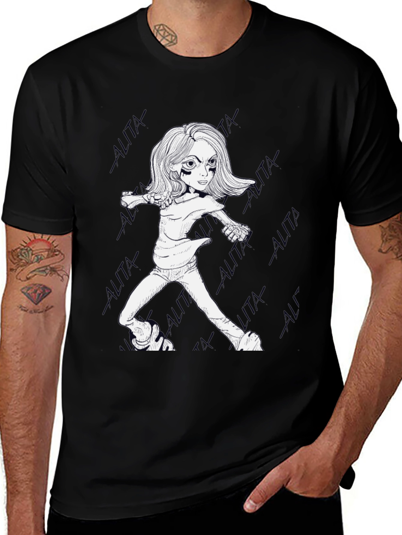 Alita Battle Angel Manga Style Black T-Shirt