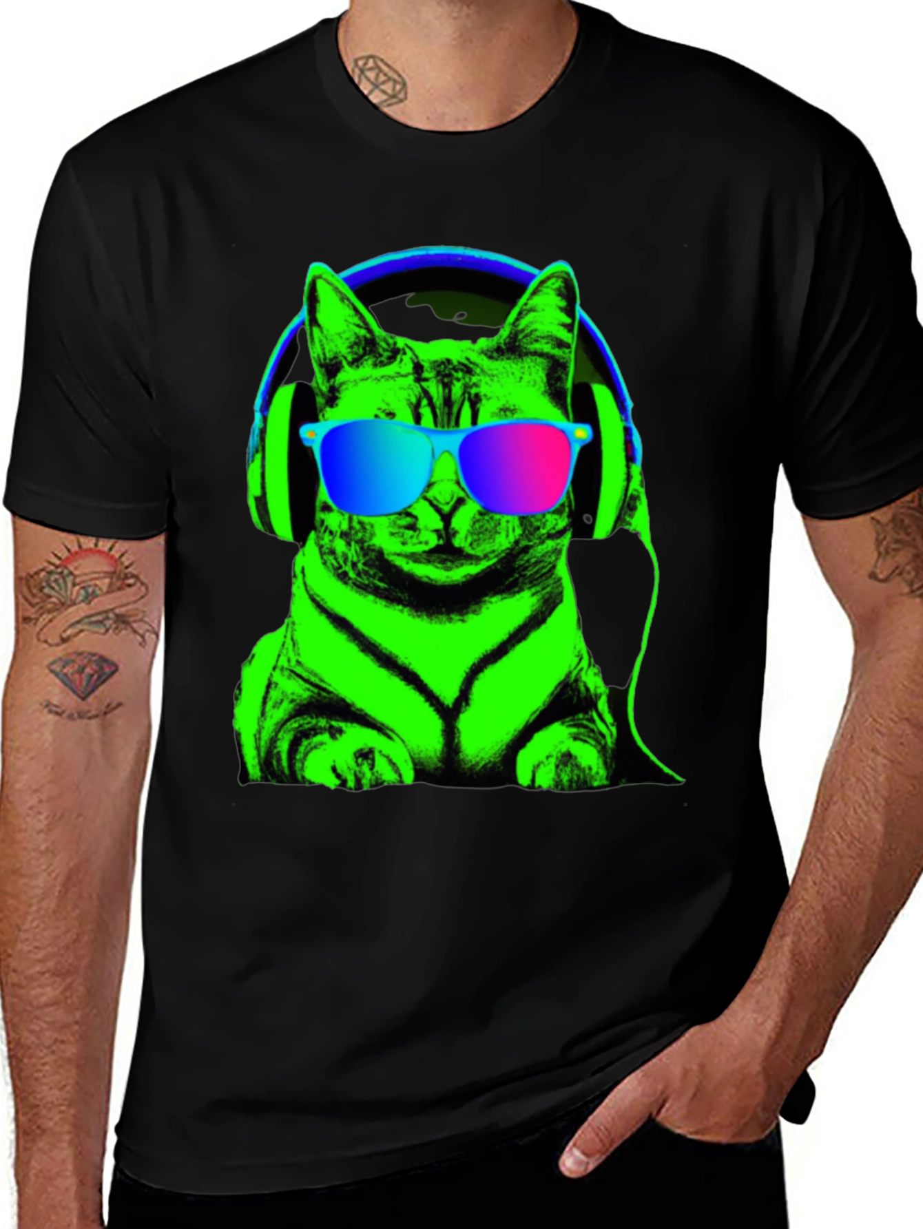 Variant 30 of Cool Cat Tee: Neon Cat with Headphones T-Shirt