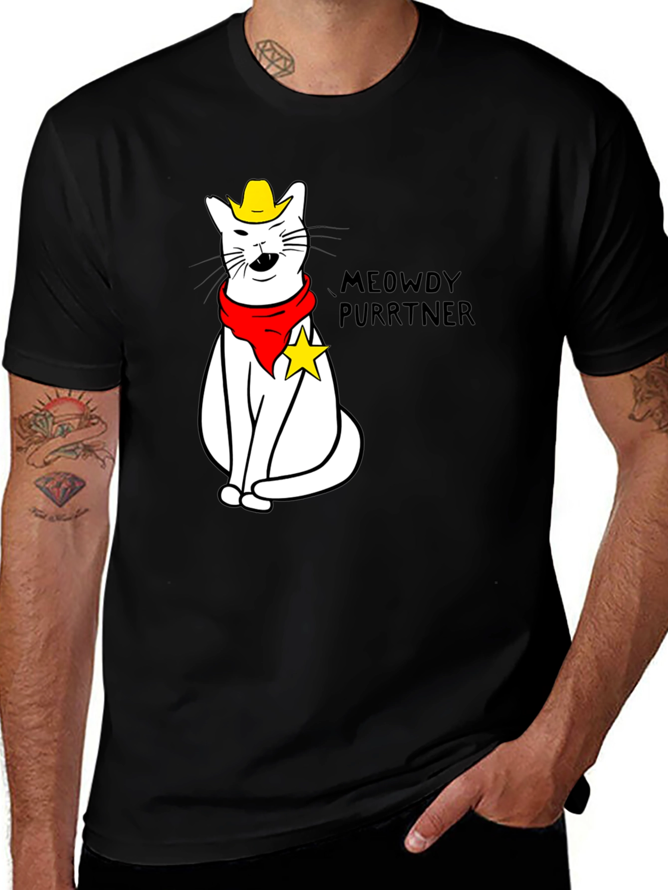 Black Meowdy Purrtner Cat Cowboy T-Shirt main image
