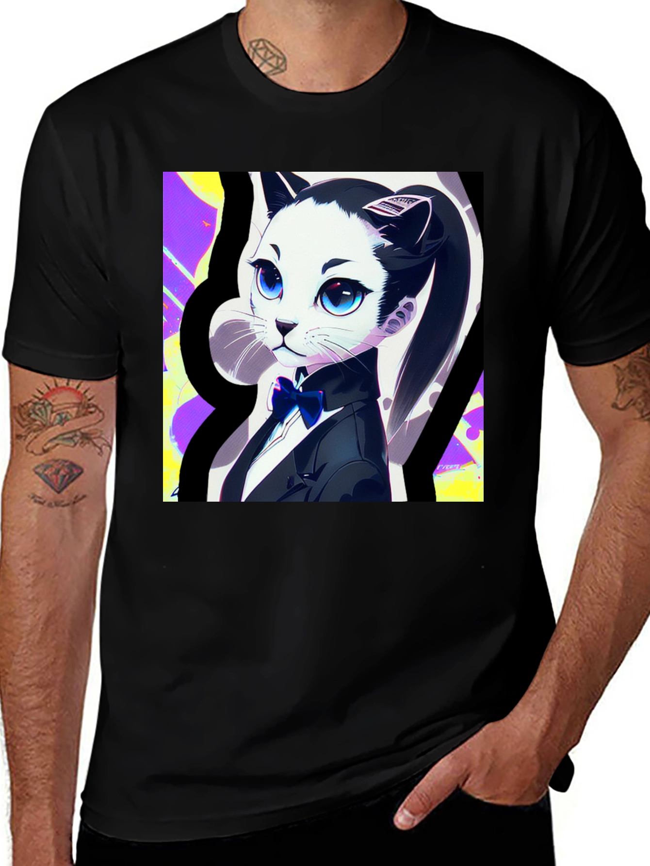 Variant 19 of Anime Cat Tuxedo Graphic Tee - Stylish Black T-Shirt