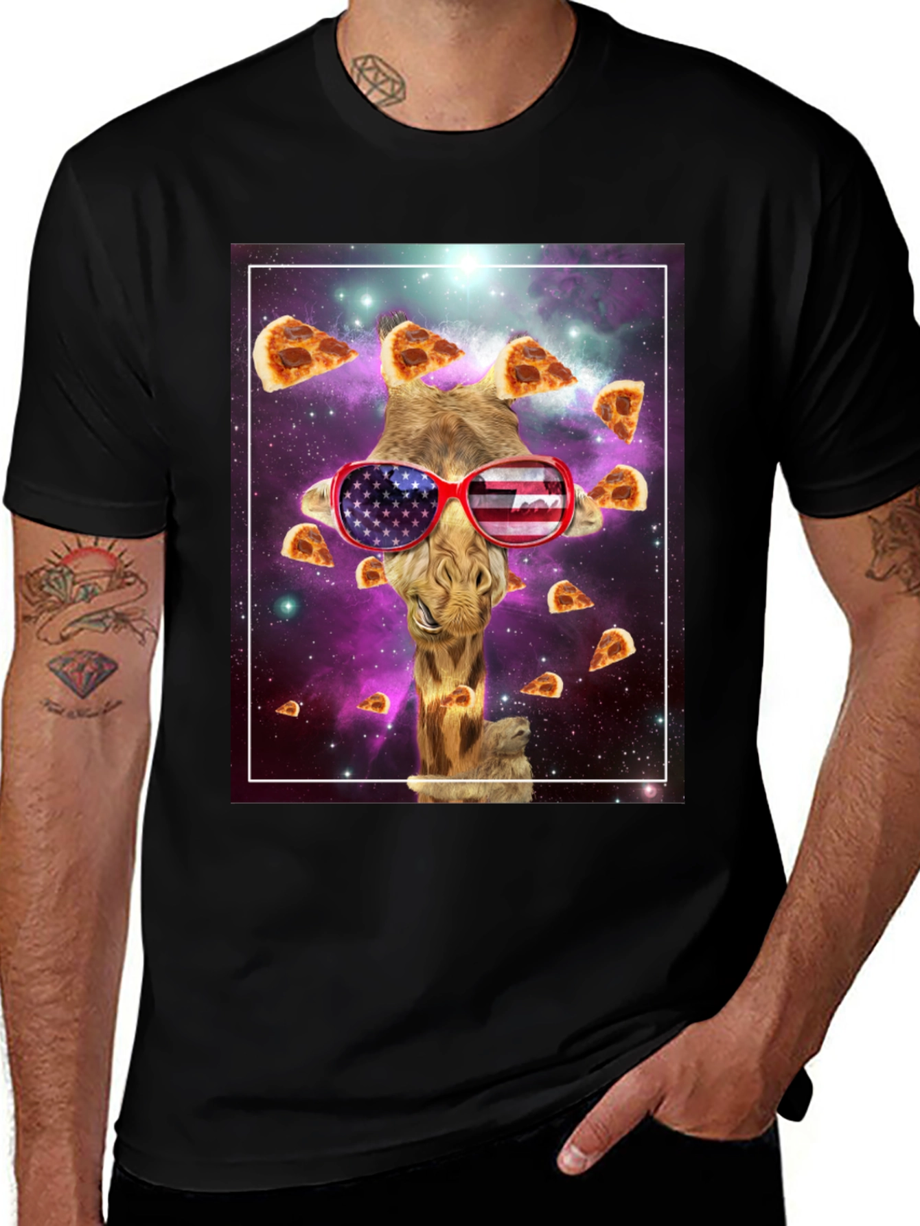 Variant 13 of Giraffe Pizza USA Flag T-Shirt