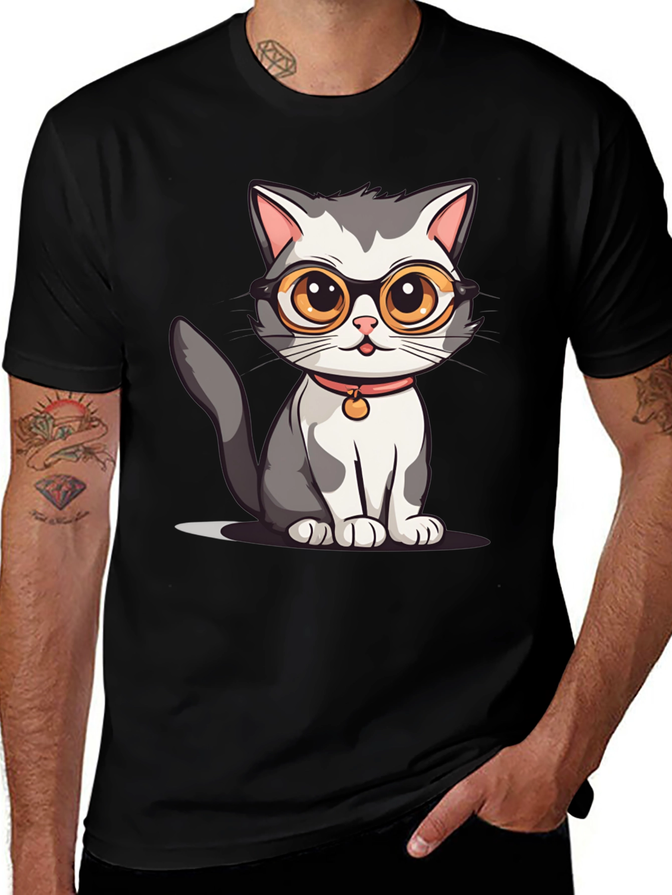Black Cat with Glasses Graphic T-Shirt main image