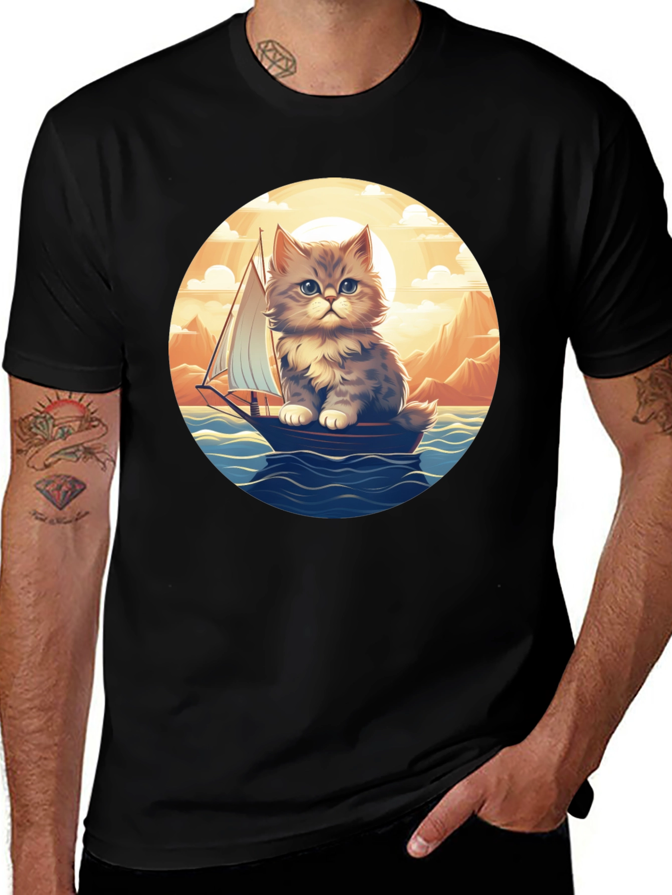 Variant 16 of Cat on Sailboat T-Shirt - Cute Feline Design