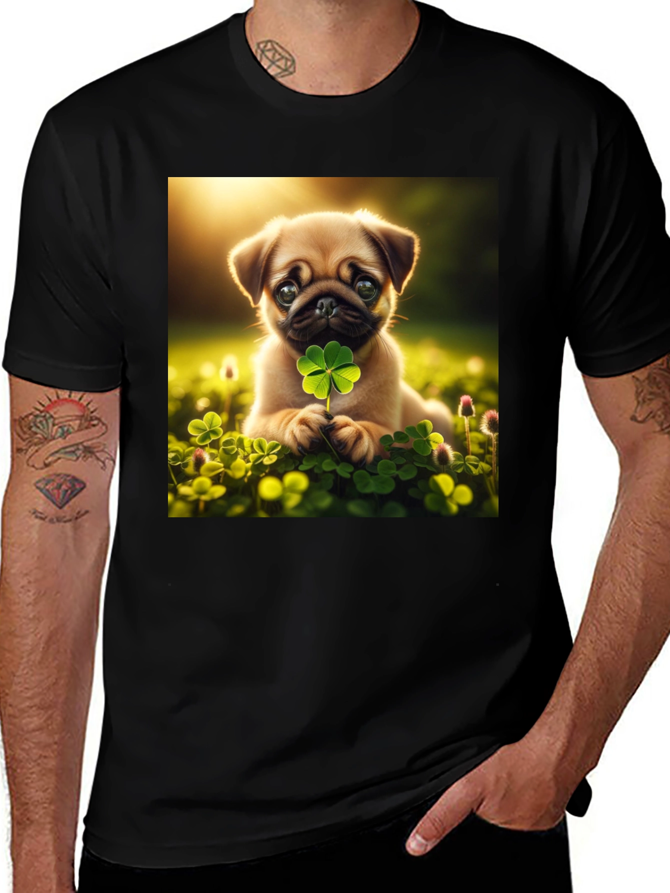 Variant 21 of Lucky Pug Graphic Tee - Four Leaf Clover Design