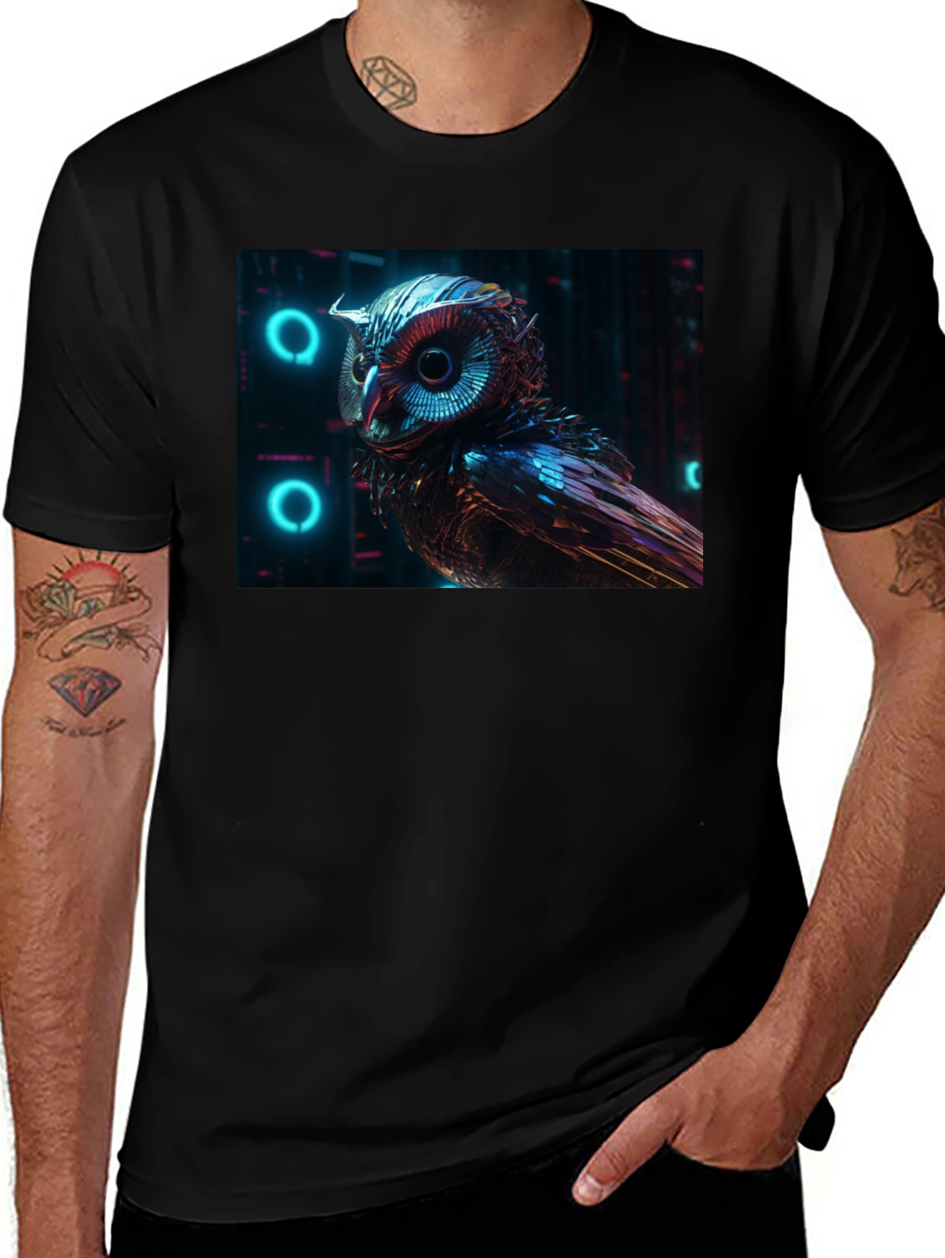 Variant 10 of Cyberpunk Owl T-Shirt - Futuristic Neon Design
