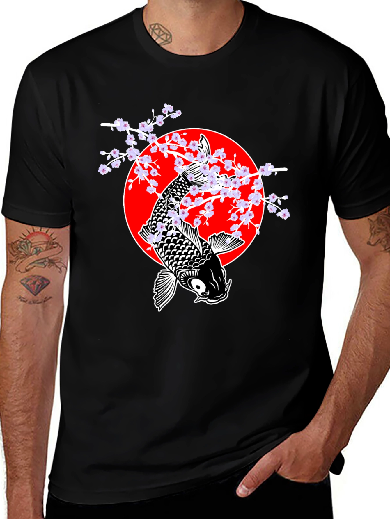 Variant 14 of Koi Fish Cherry Blossom Graphic Tee - Black