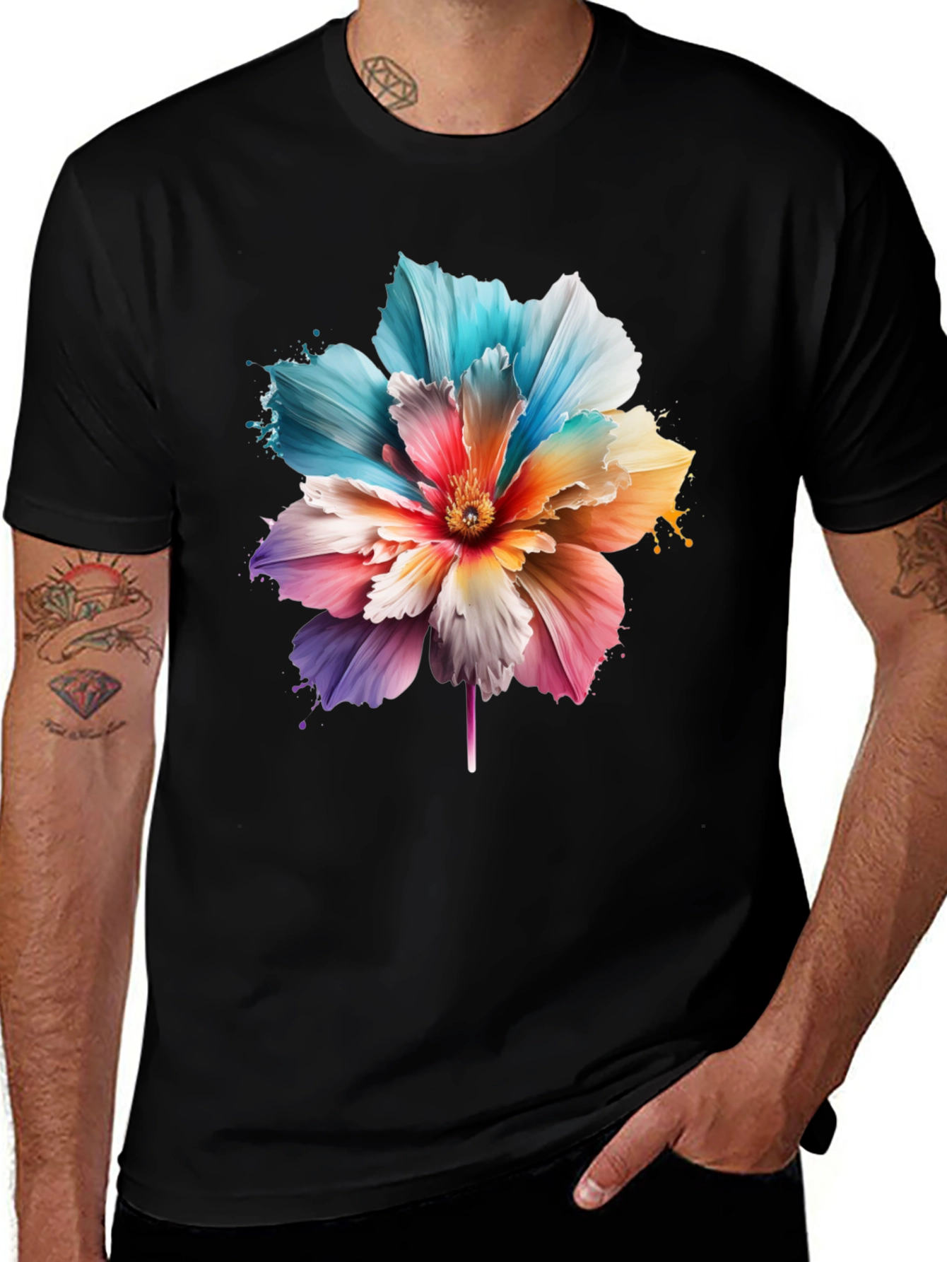 Variant 6 of Floral Print Black T-Shirt for Men