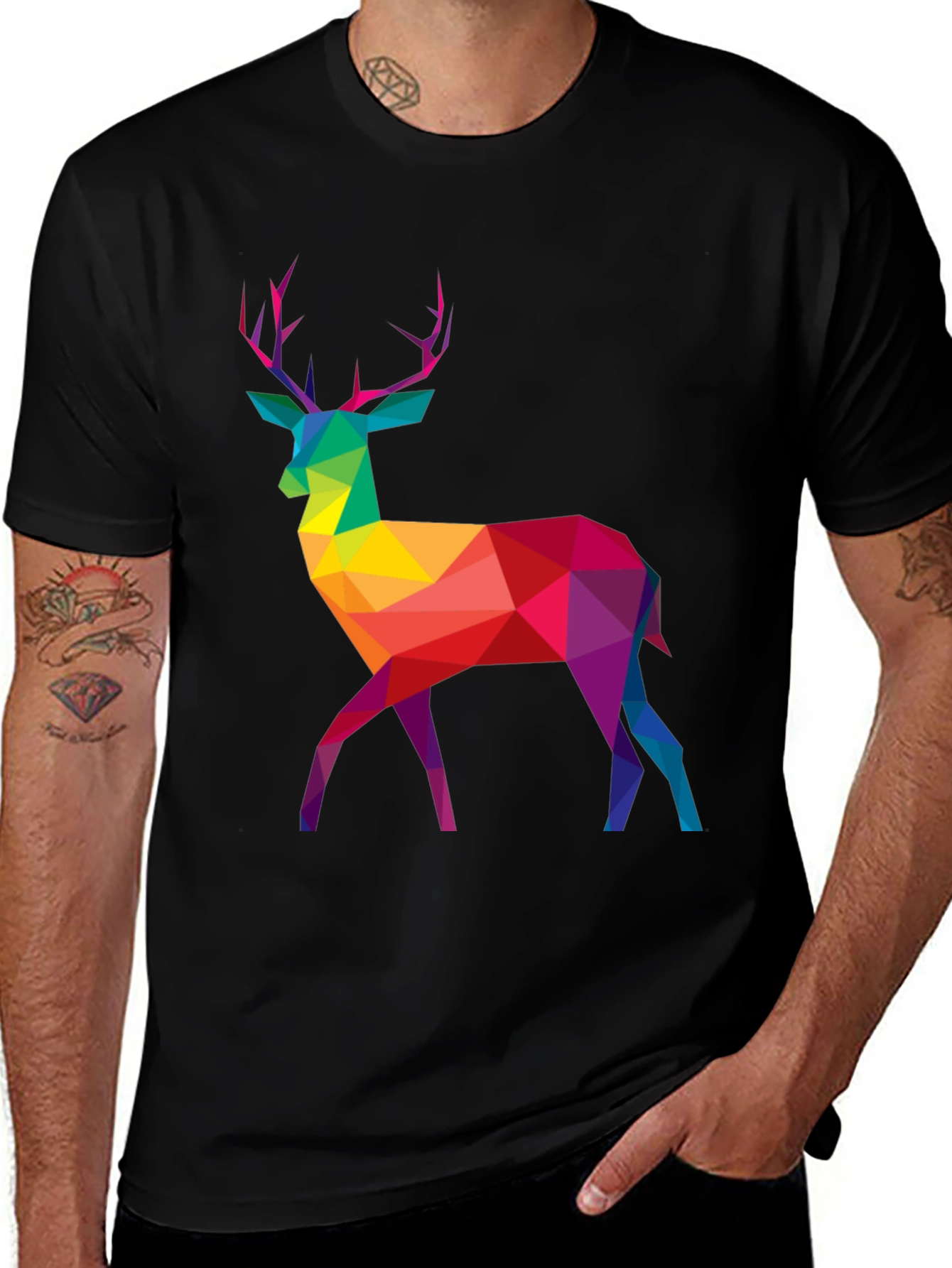 Variant 17 of Geometric Deer Graphic Tee - Stylish Men's Black T-Shirt