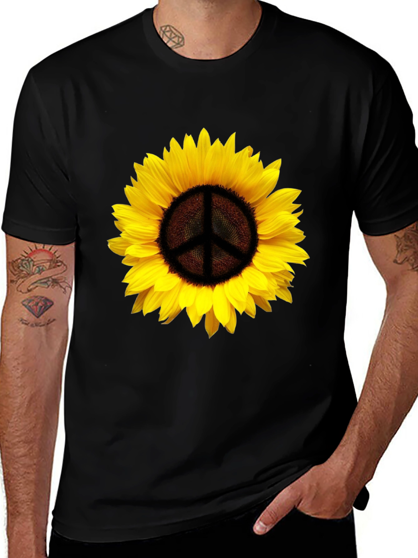 Black Sunflower Peace Sign Graphic T-Shirt - Black main image
