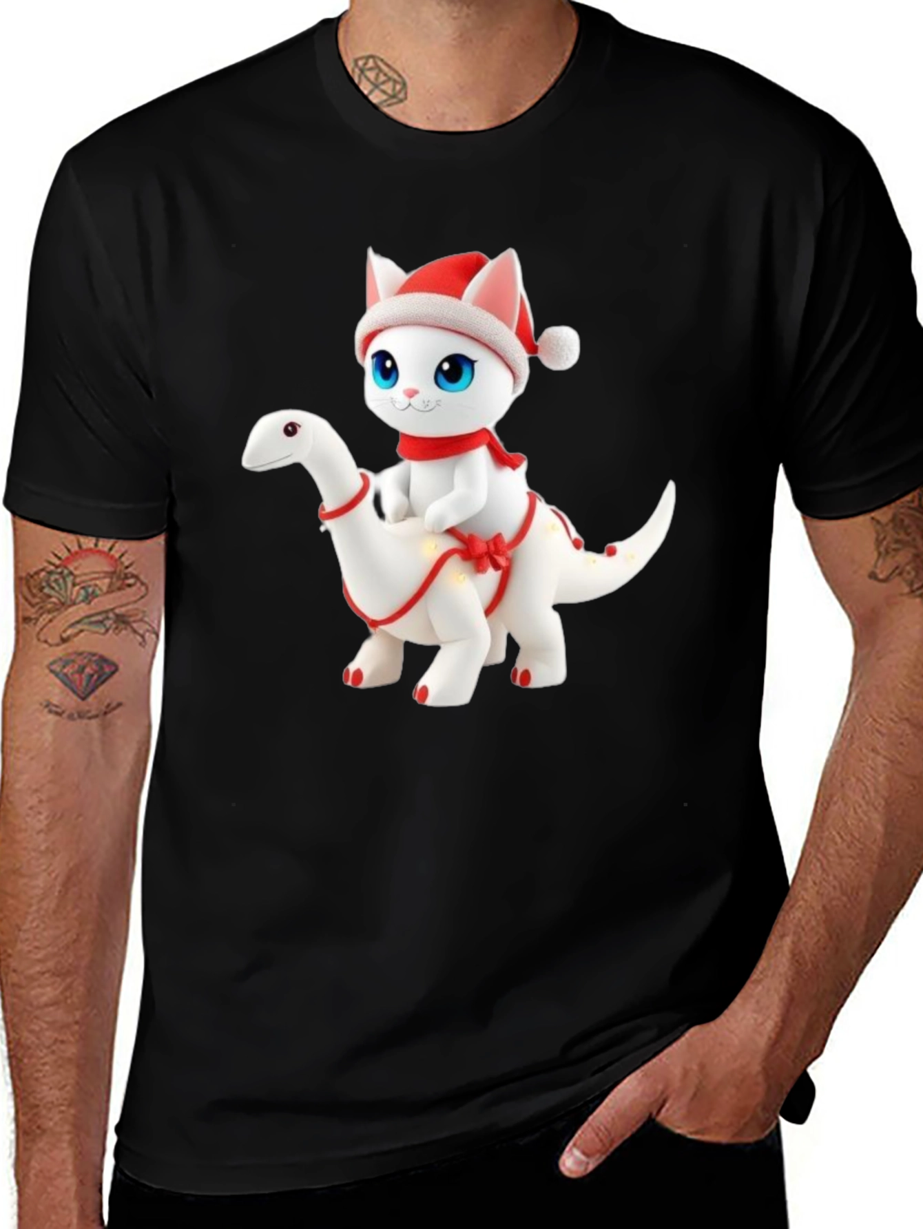Festive Cat Riding Dinosaur T-Shirt