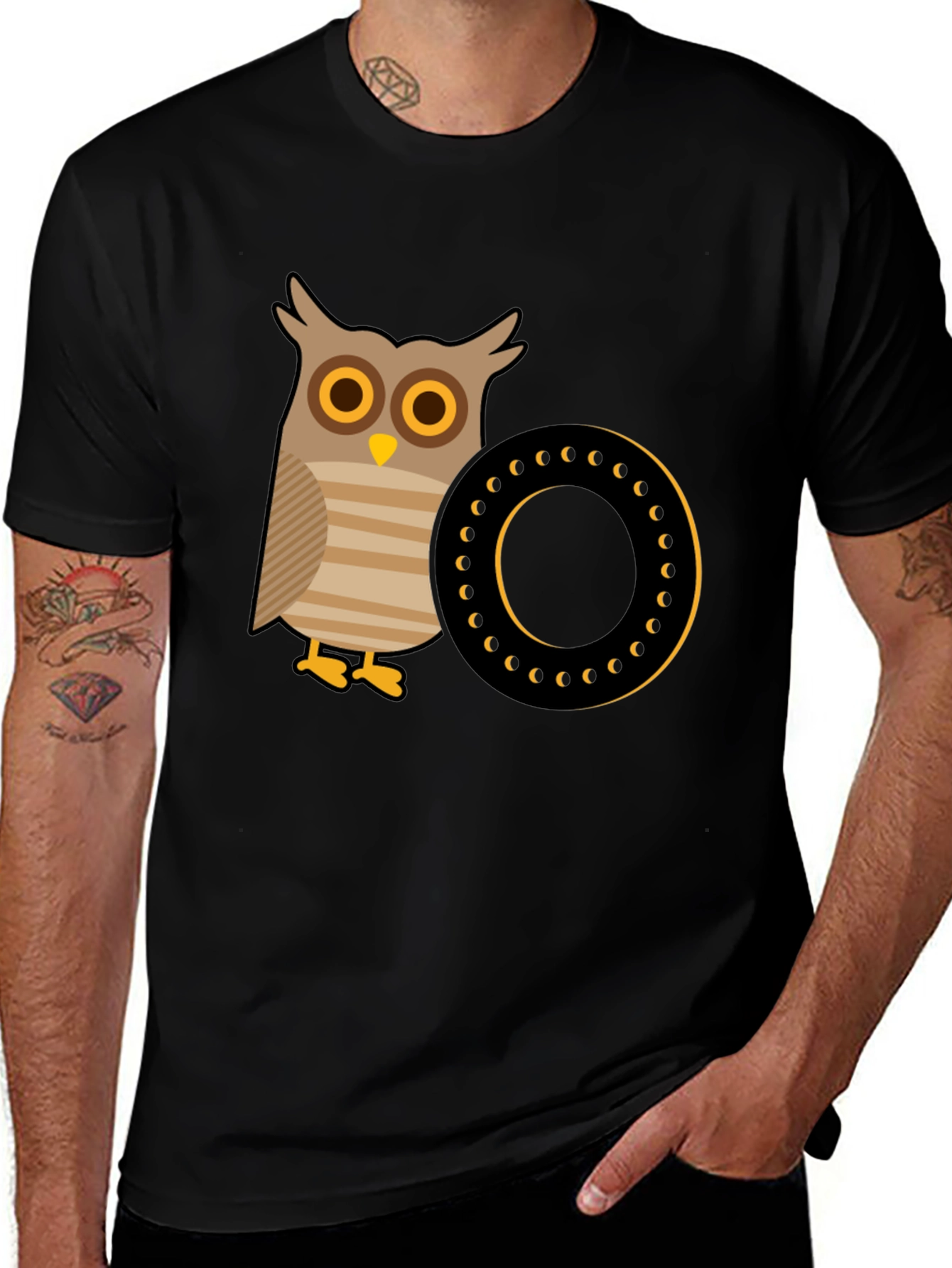 Variant 8 of Owl and Letter O Graphic Tee - Black Cotton