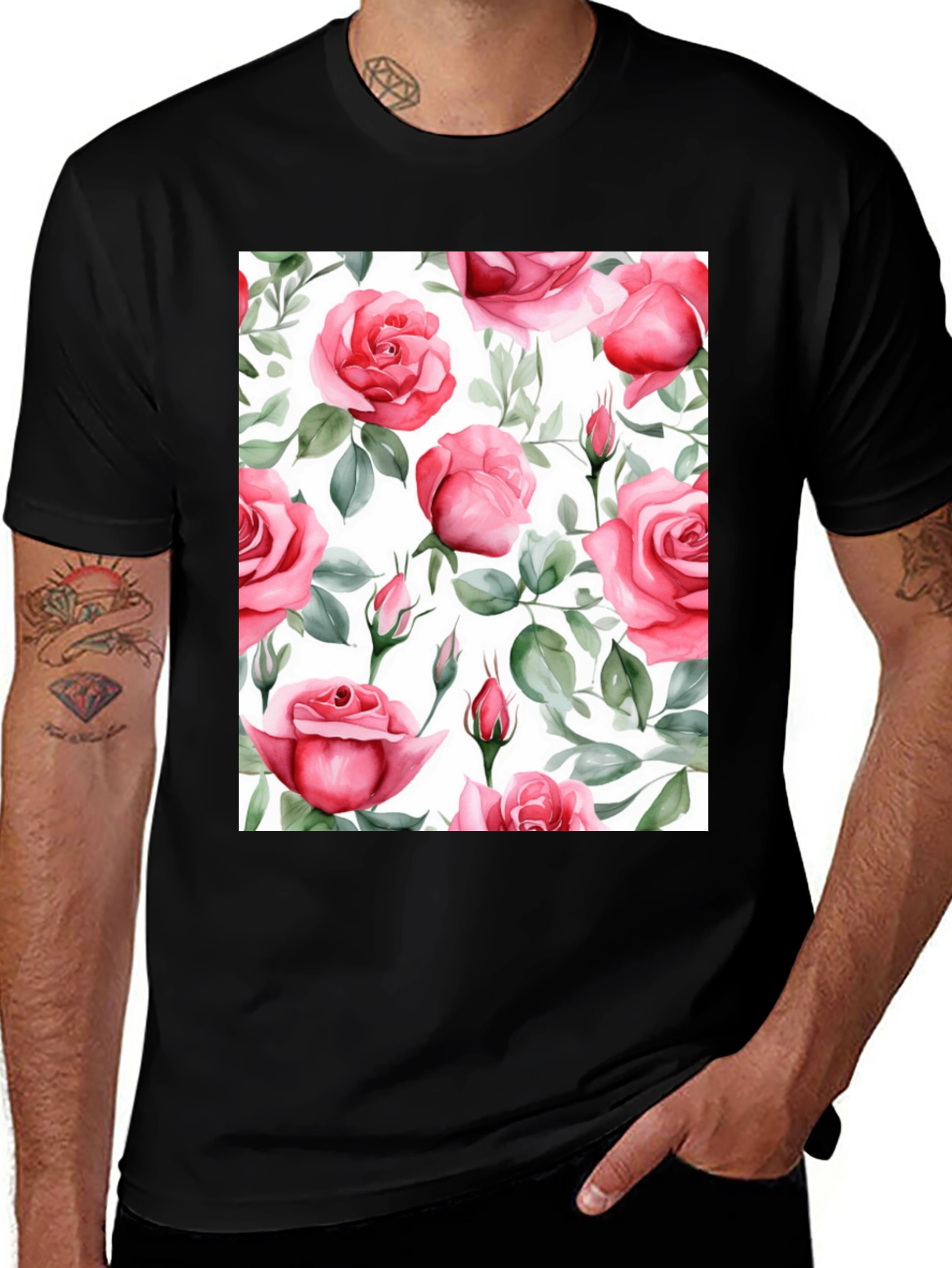 Floral Rose Print Black T-Shirt