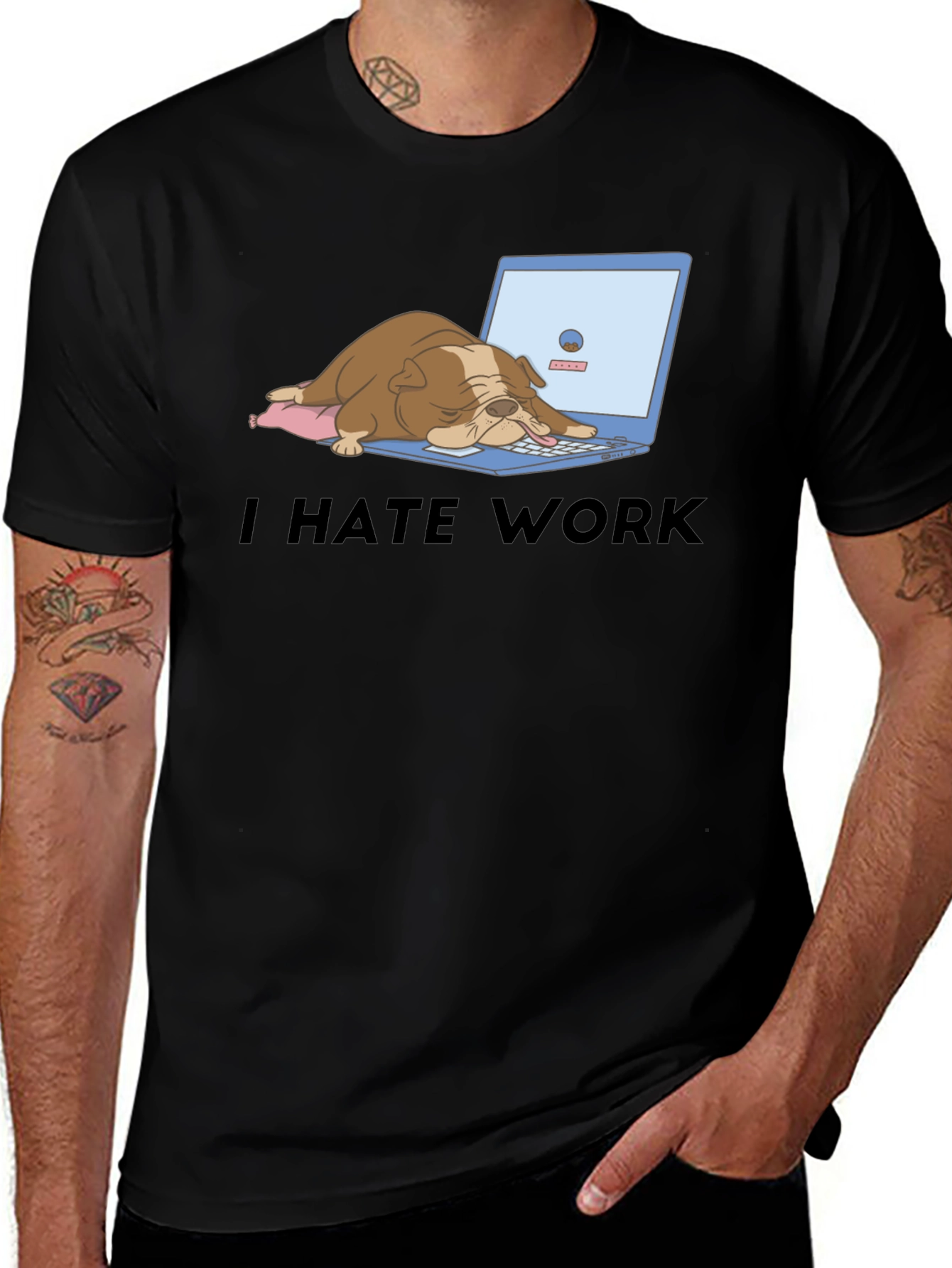 Variant 18 of I Hate Work T-Shirt - Bulldog Laptop Graphic Tee