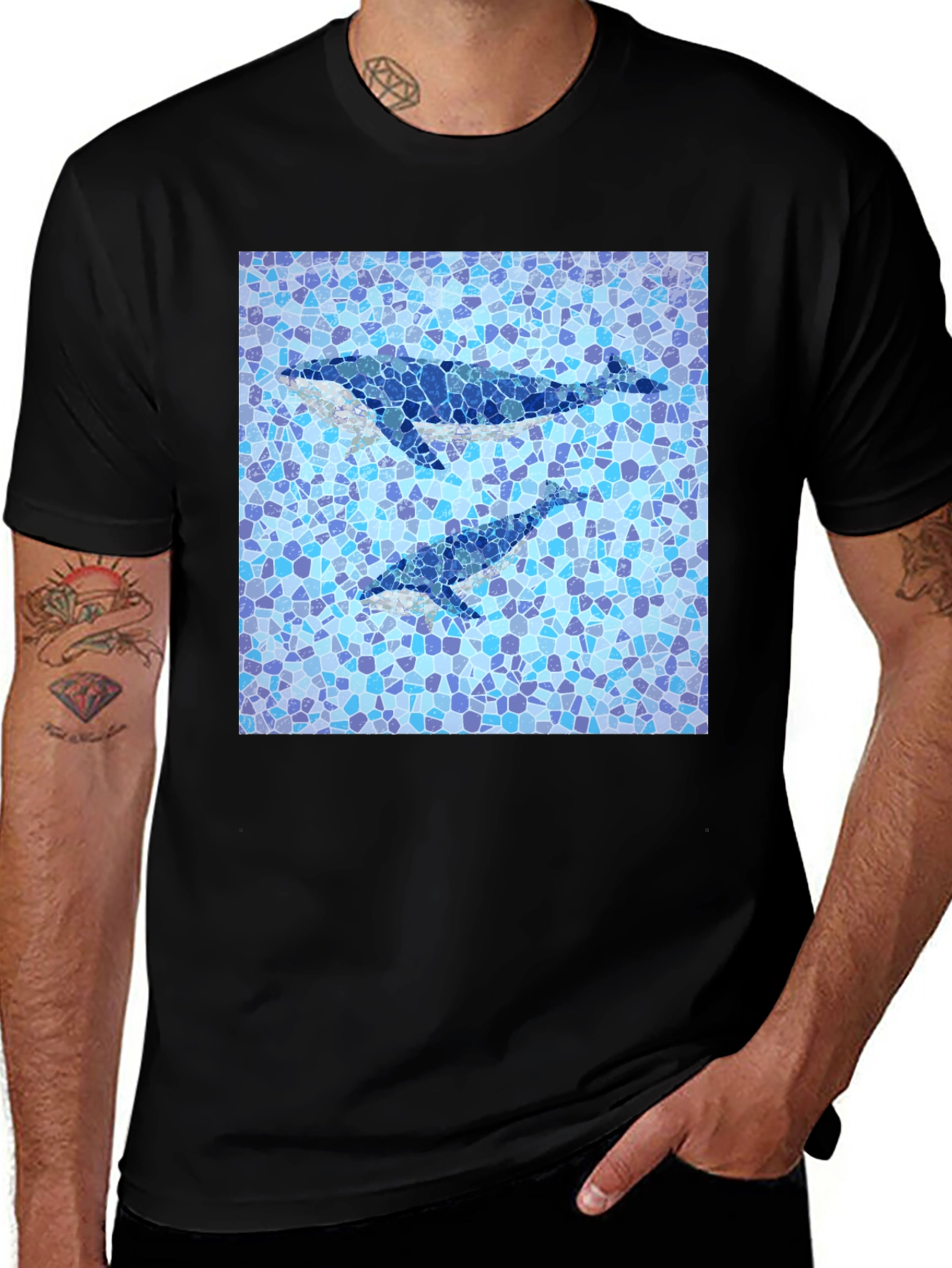 Variant 23 of Whale Mosaic Graphic Tee - Stylish Men's Black T-Shirt