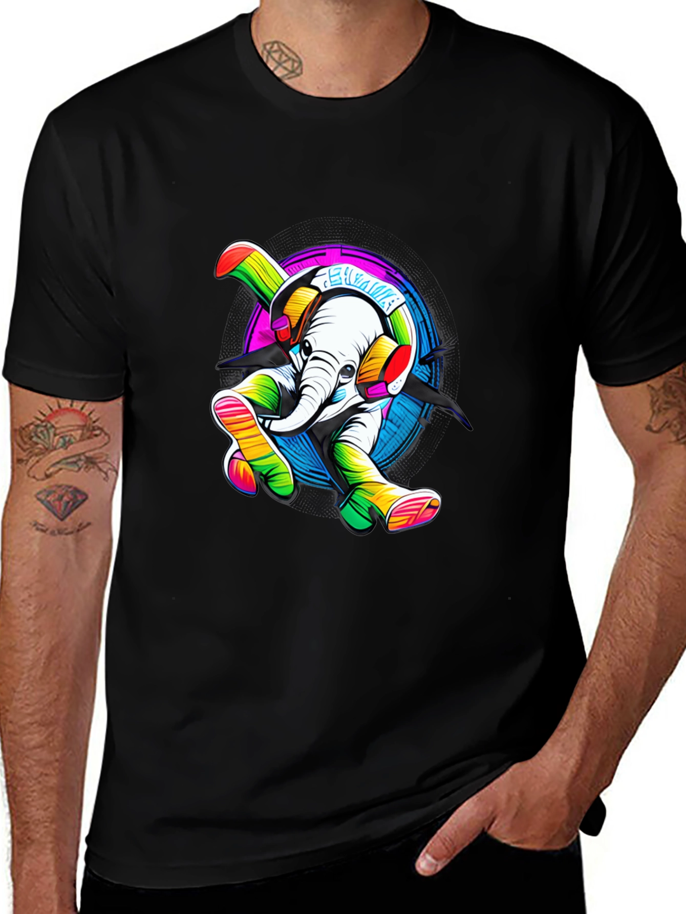 Variant 27 of DJ Elephant Graphic Tee - Men's Black Cotton T-Shirt