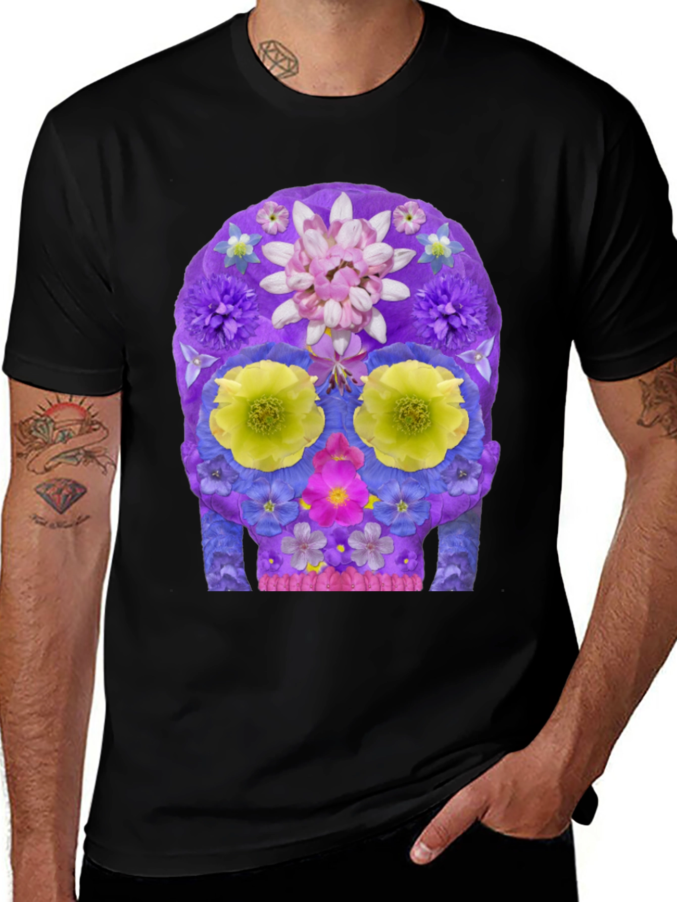 Variant 29 of Floral Sugar Skull Graphic Tee - Men's Black T-Shirt