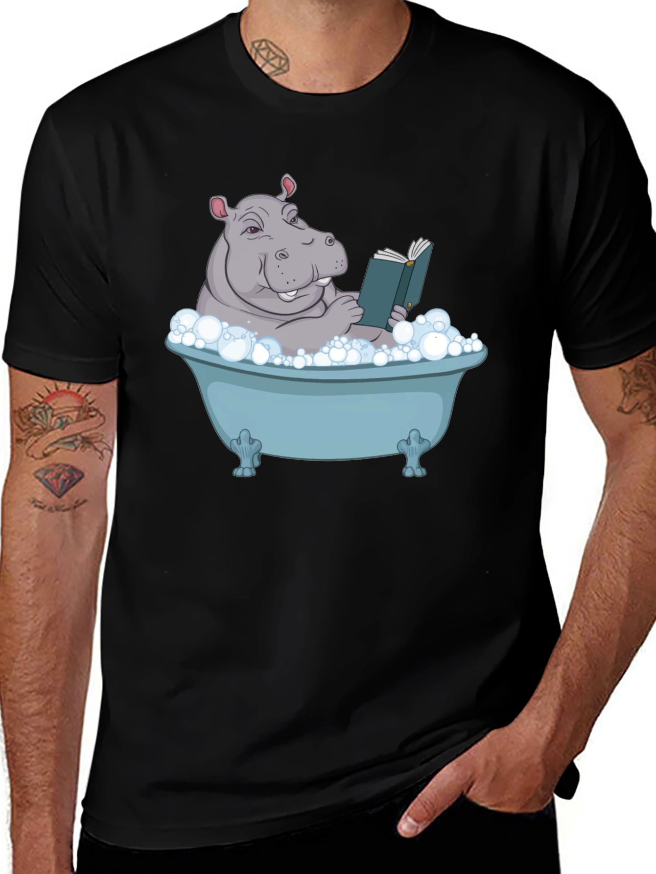 Variant 16 of Hippo Reading in Tub Graphic Tee - Unisex Black T-Shirt