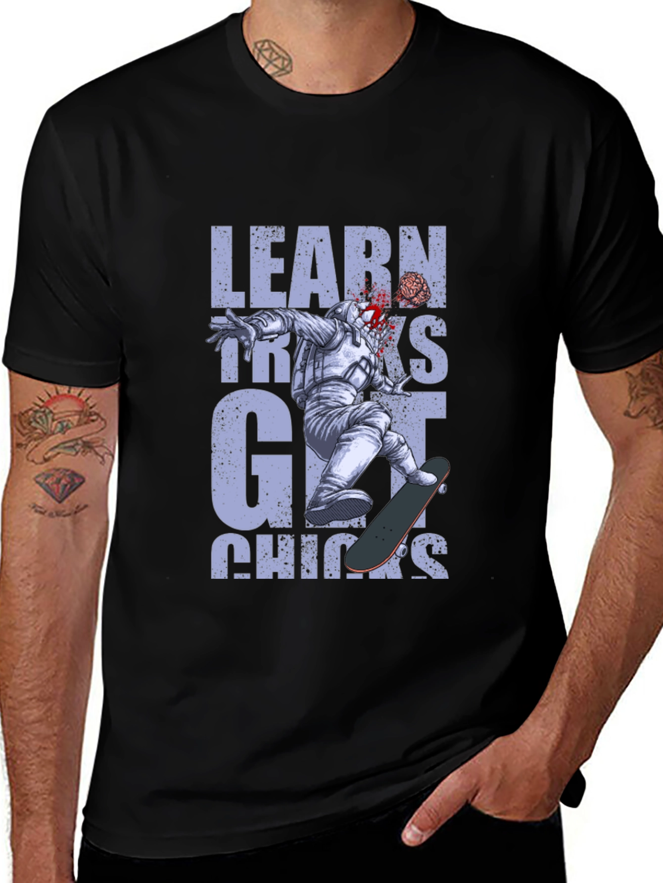 Variant 20 of Learn Tricks Get Chicks Graphic Tee - Astronaut Skateboard