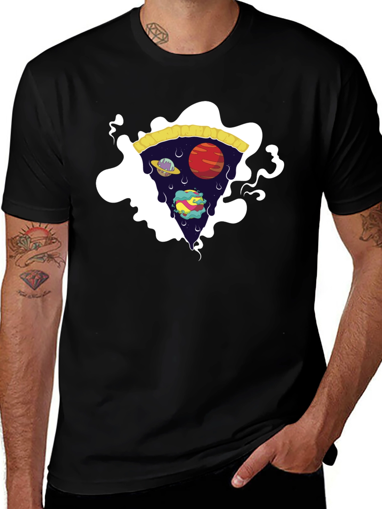 Variant 19 of Cosmic Pizza T-Shirt - Unisex Black Tee with Space Design